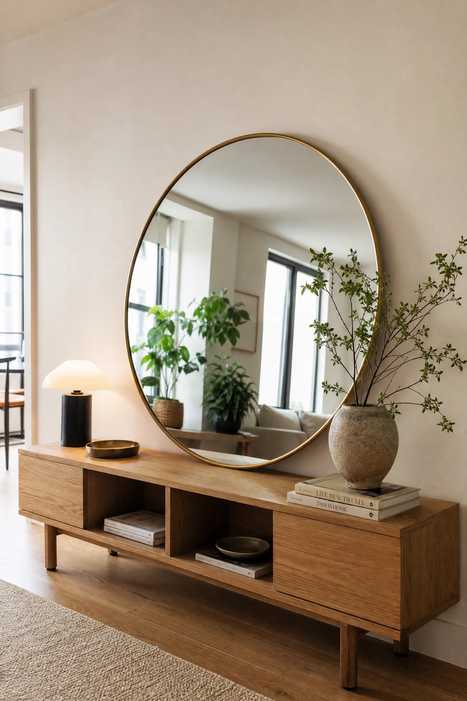 incorporate a large decorative mirror to expand the space in a living room