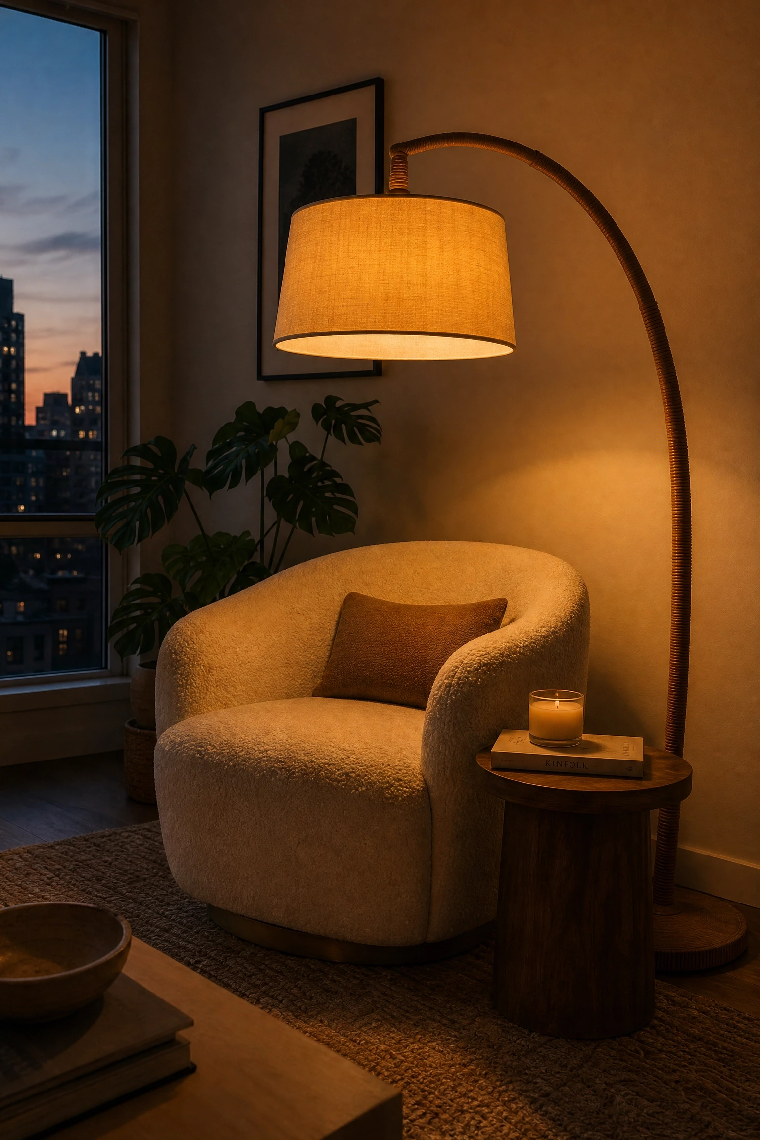 introduce a statement floor lamp instead of overhead lighting in a living room