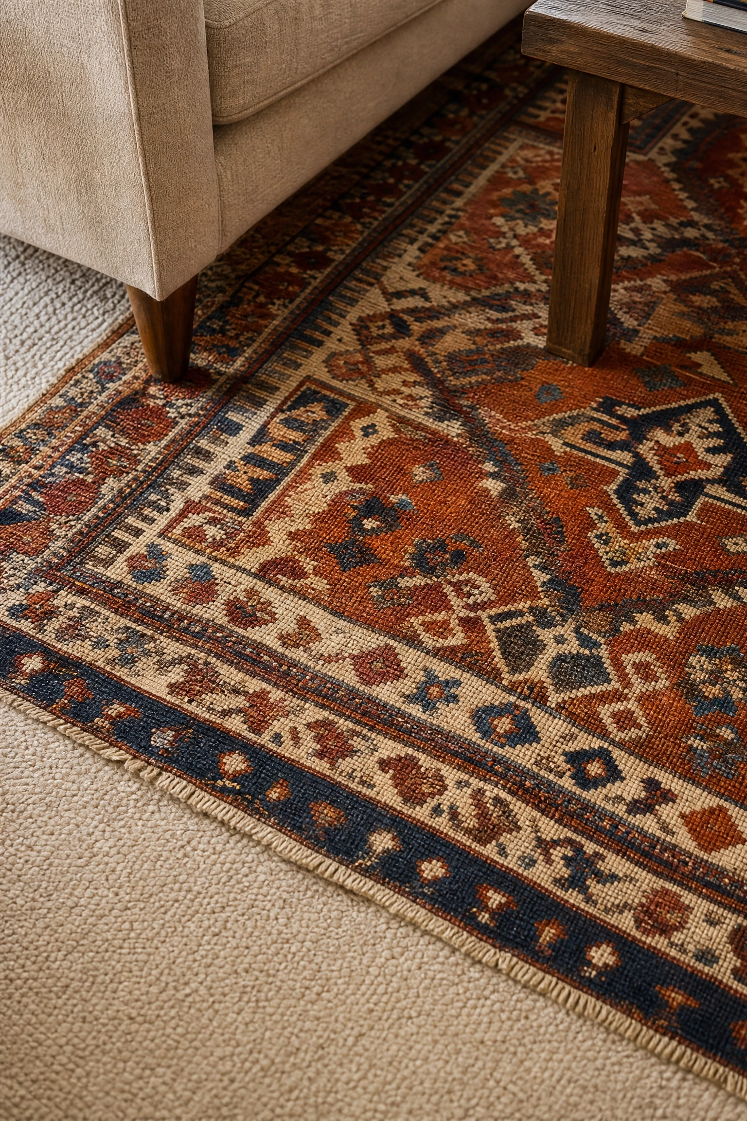 layer a vintage rug over apartment-grade carpet in a living room