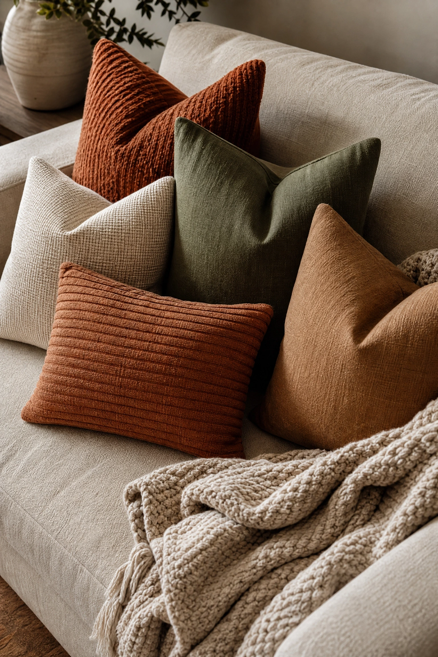 layer throw pillows and textiles in earth tones in a living room