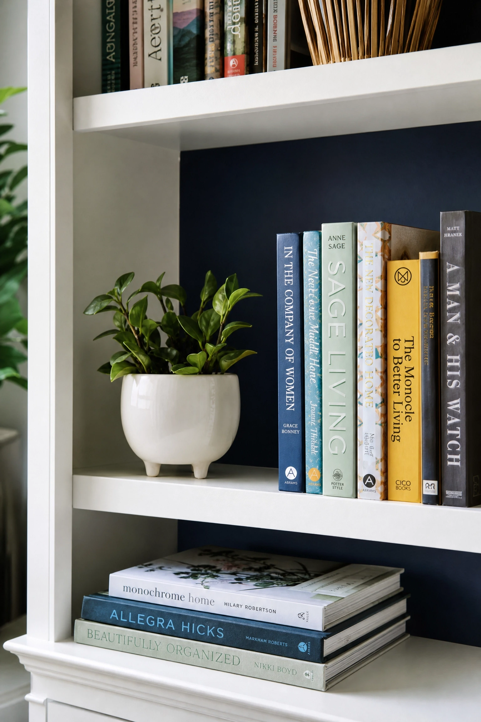 paint or wrap the inside of bookshelves in a contrasting color in a living room