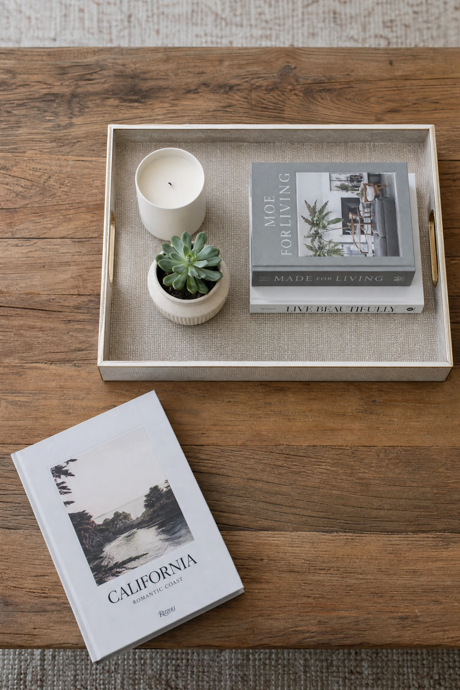 style a coffee table like a tray scene in a living room