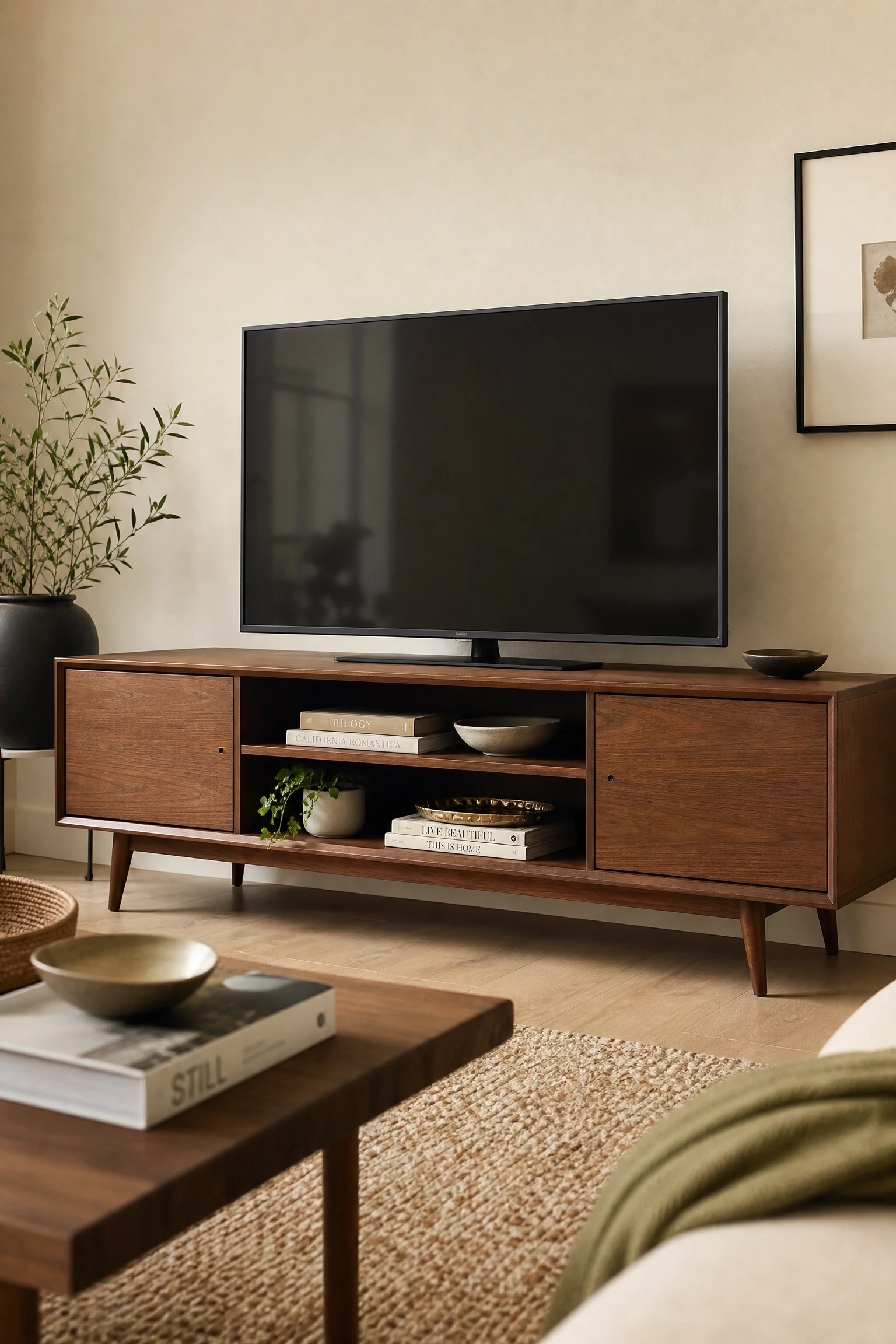 style a media console instead of wall-mounting the tv in a living room