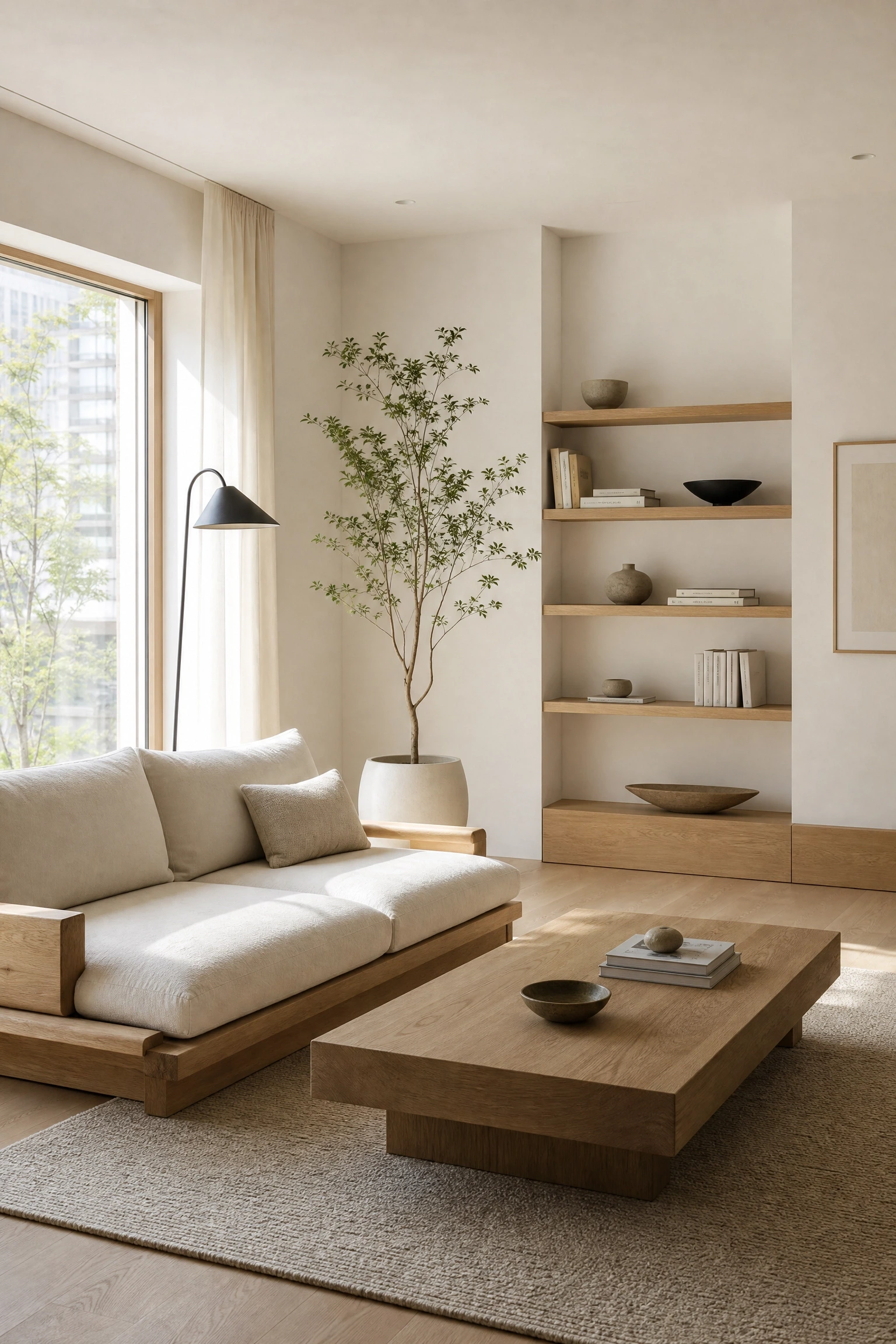 try a japandi palette of warm white, natural wood, and black accents in a living room