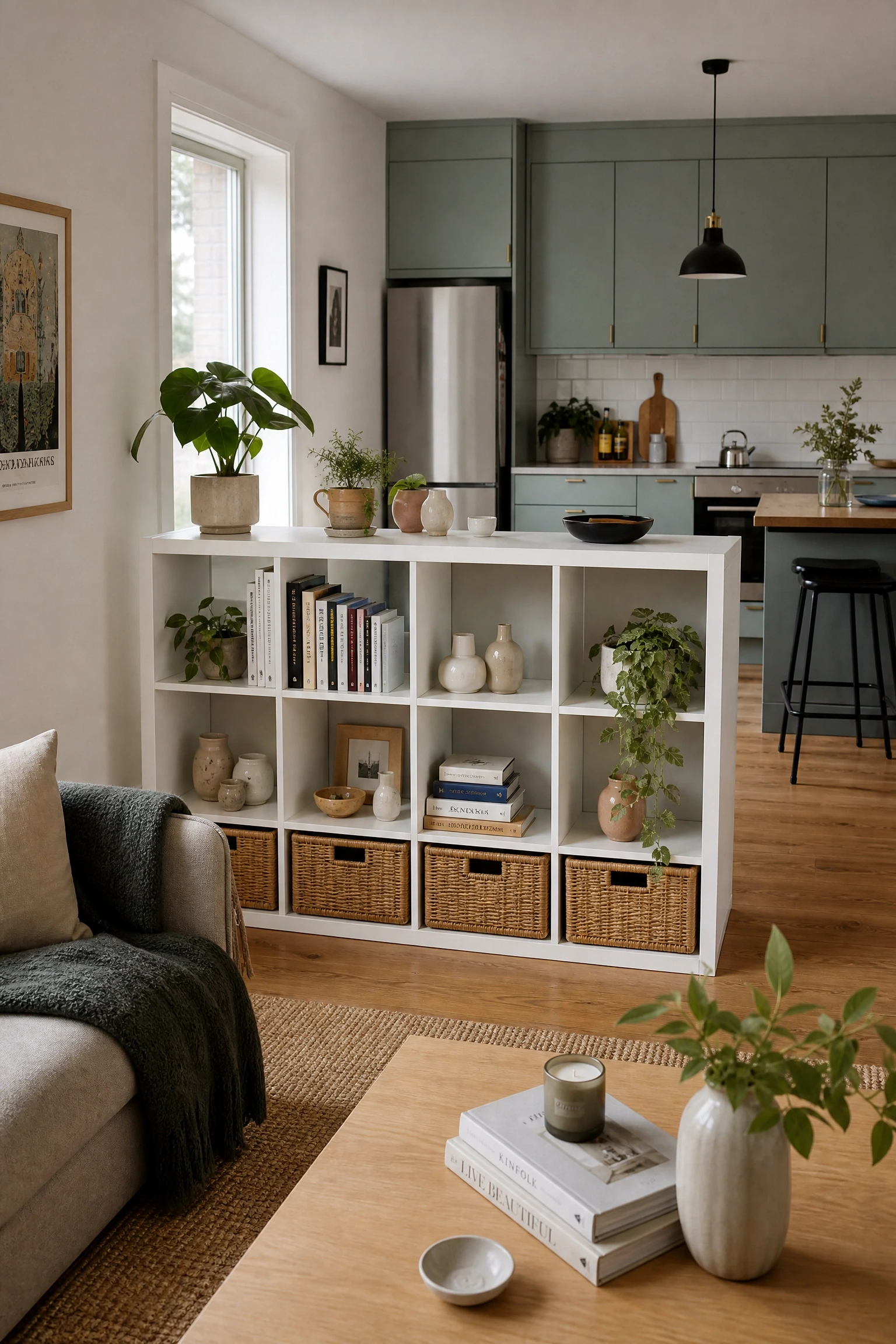 use a bookcase as a room divider in a living room