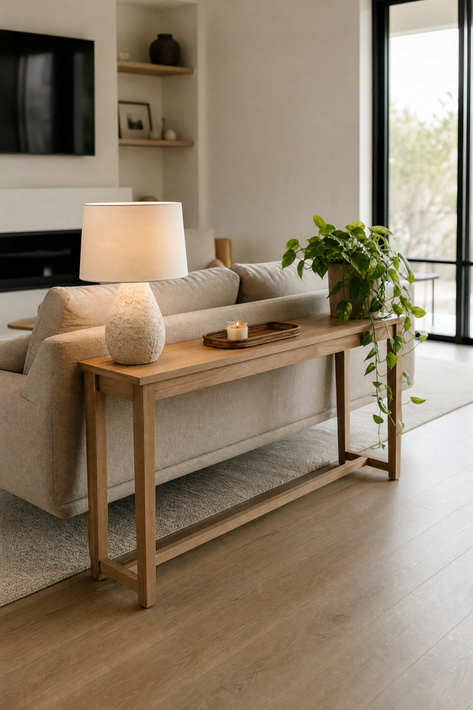 use a console table behind the sofa in a living room