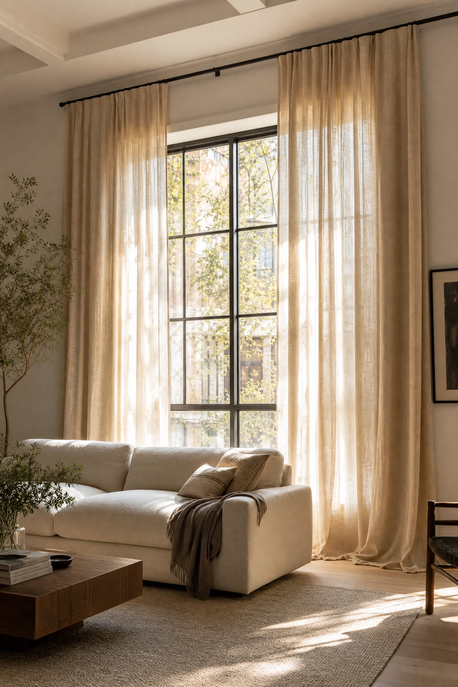 use curtains that are longer and wider than the window in a living room