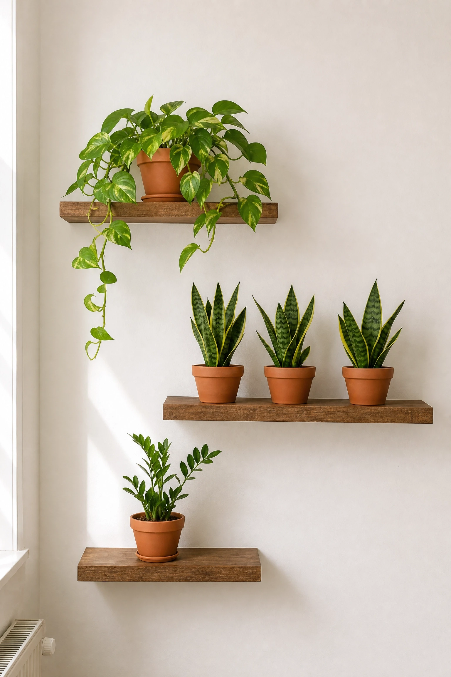 use floating shelves as a plant wall in a living room