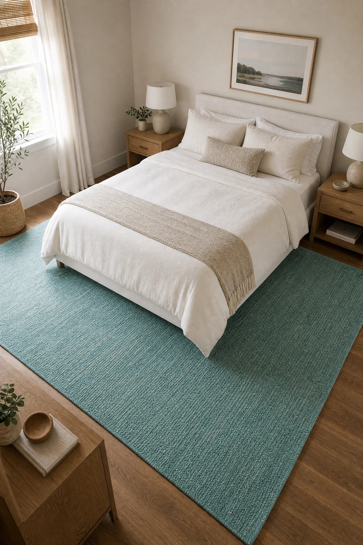 a single aqua rug to anchor the bed in a bedroom
