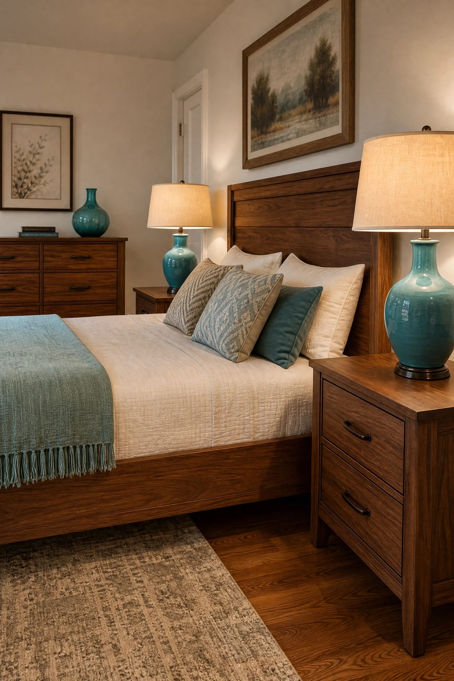 aqua accents in a predominantly wooden room in a bedroom