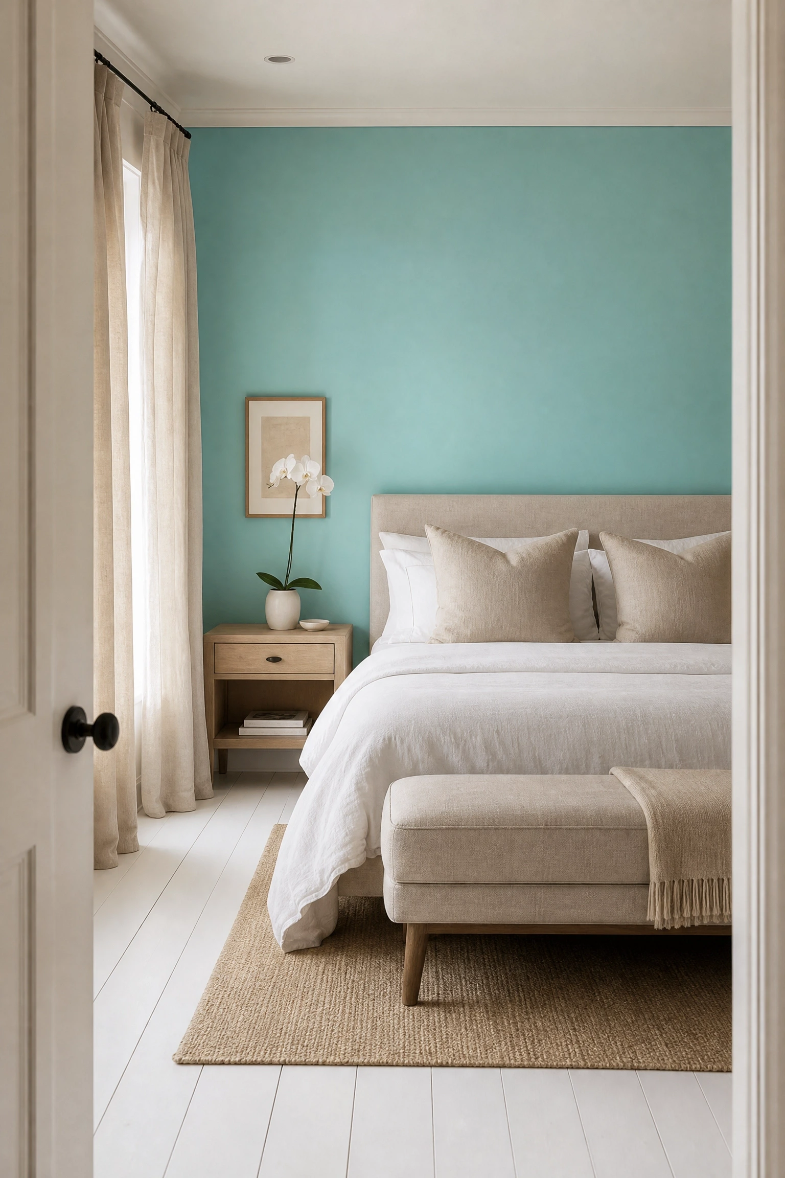 aqua and linen for a quiet, breathable look in a bedroom