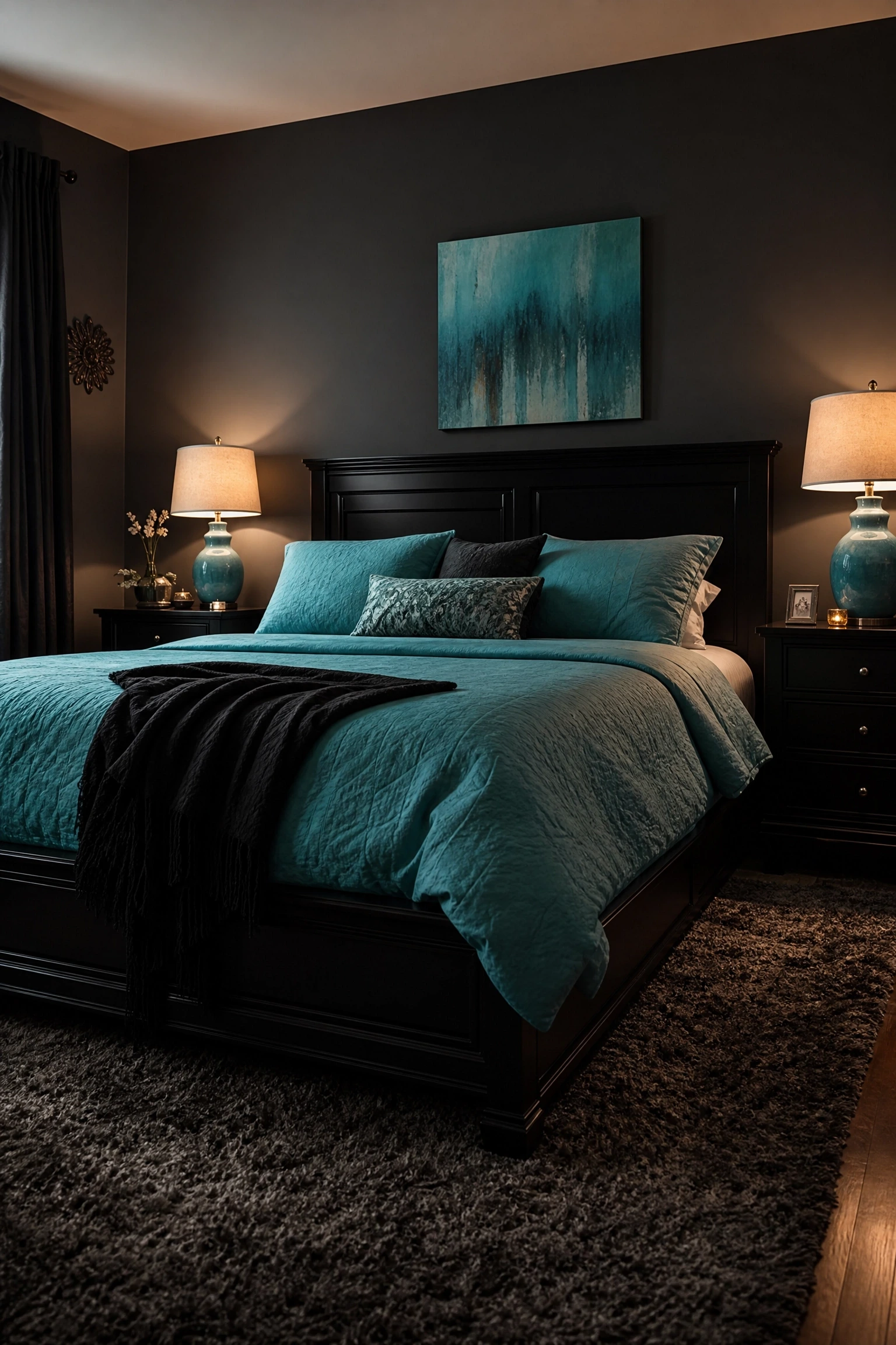 aqua as the accent color in a dark, moody room in a bedroom