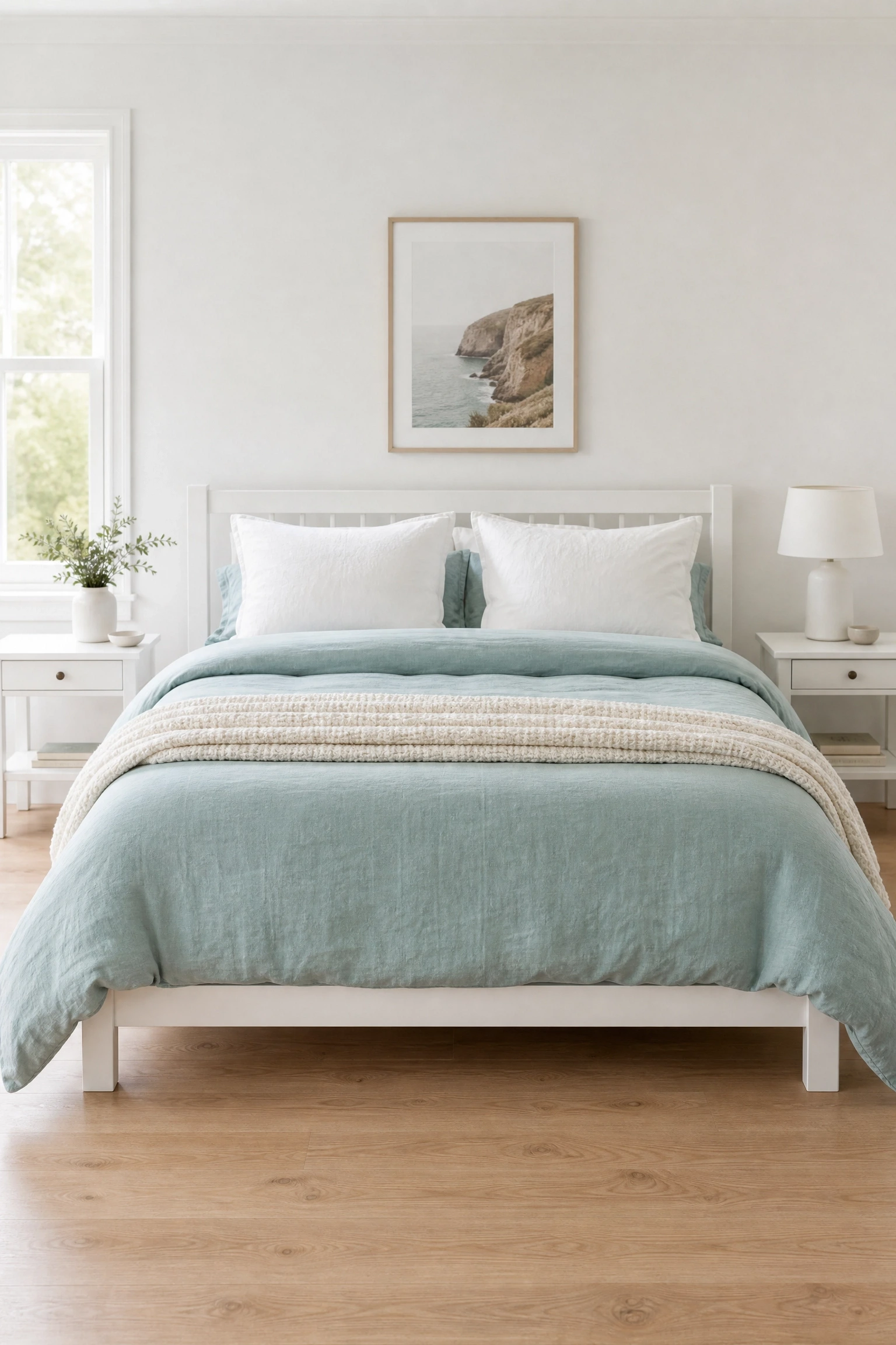 aqua bedding on a neutral bed in a bedroom