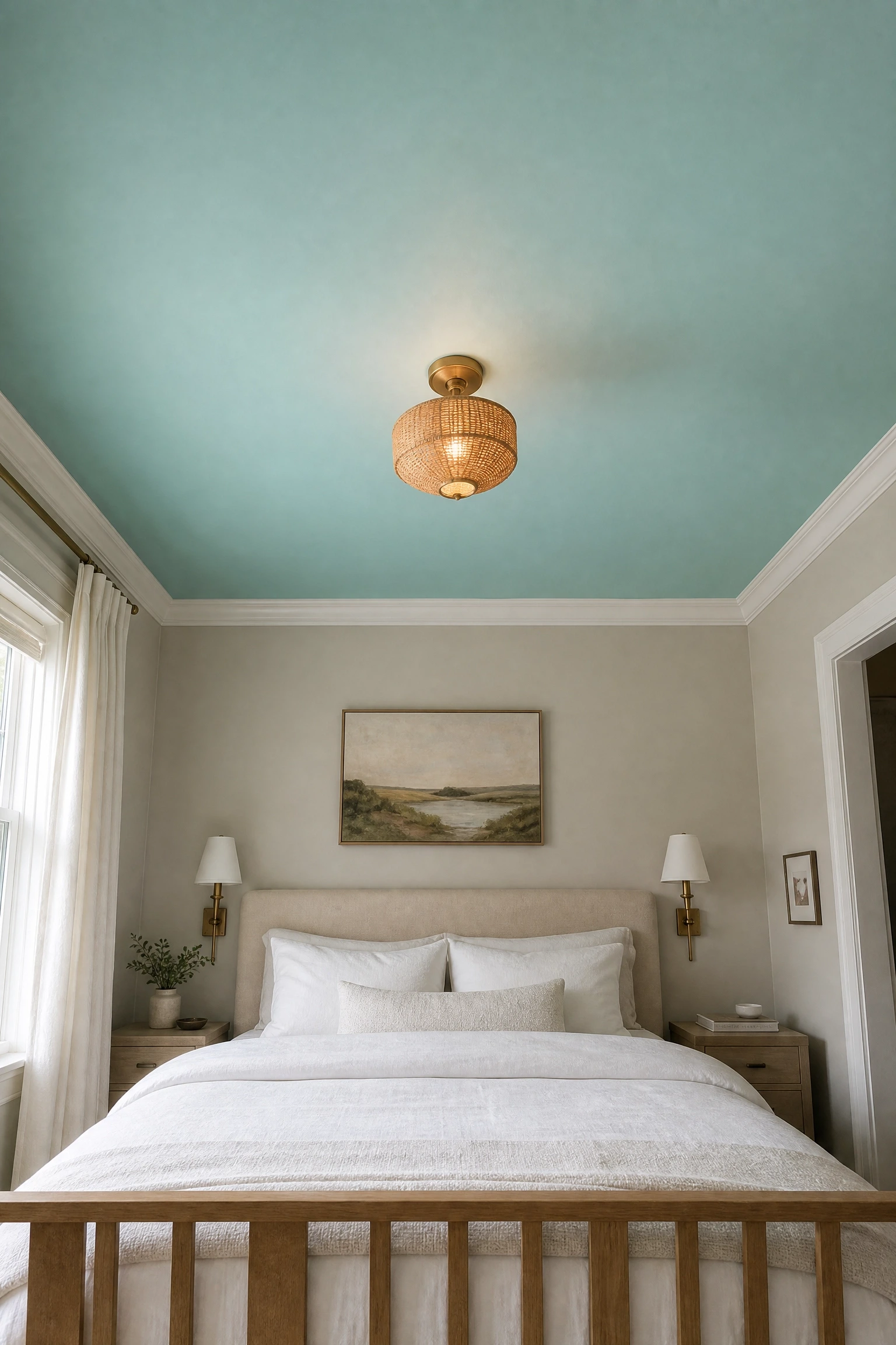 aqua ceiling with neutral walls in a bedroom
