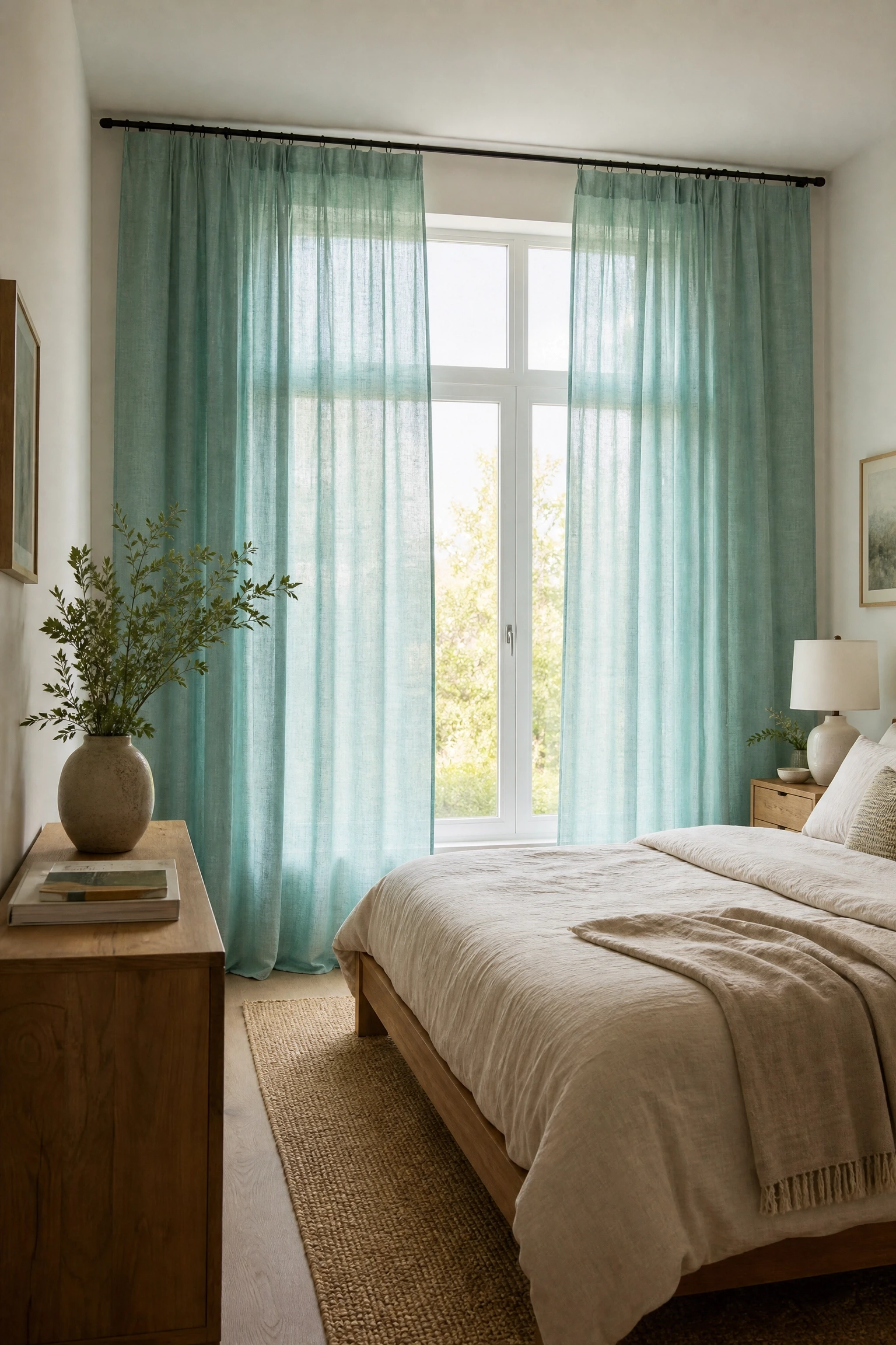 aqua curtains to frame natural light in a bedroom