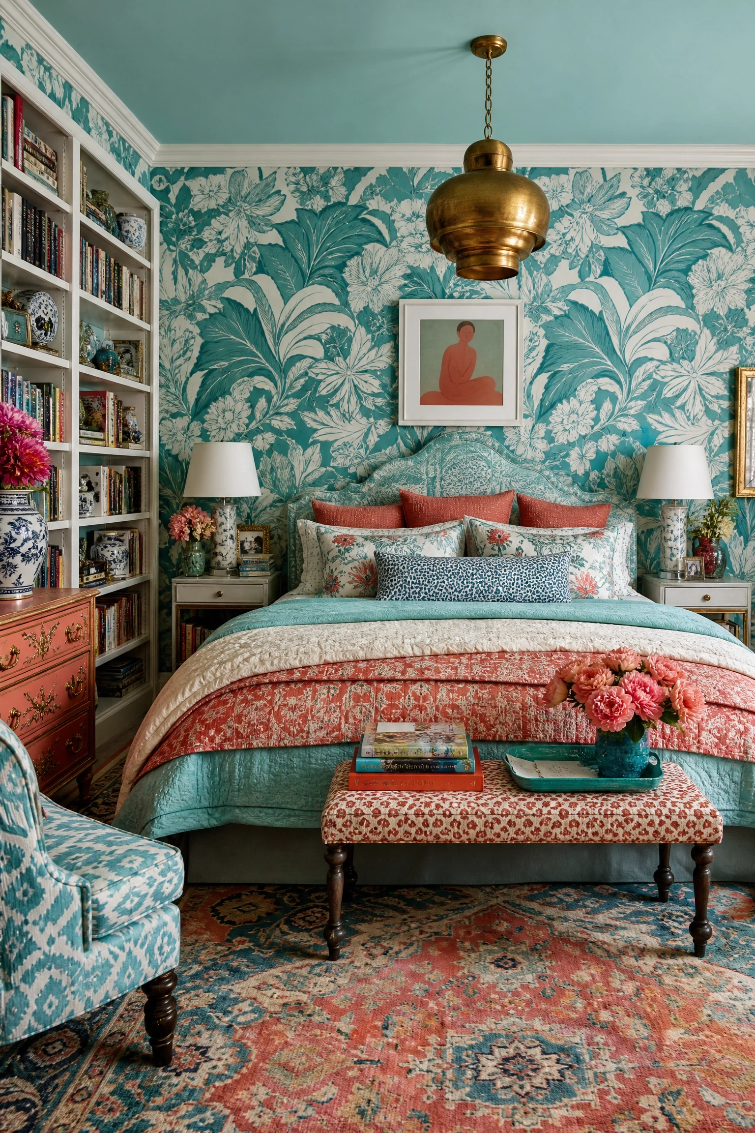 aqua in a maximalist, pattern-forward room in a bedroom