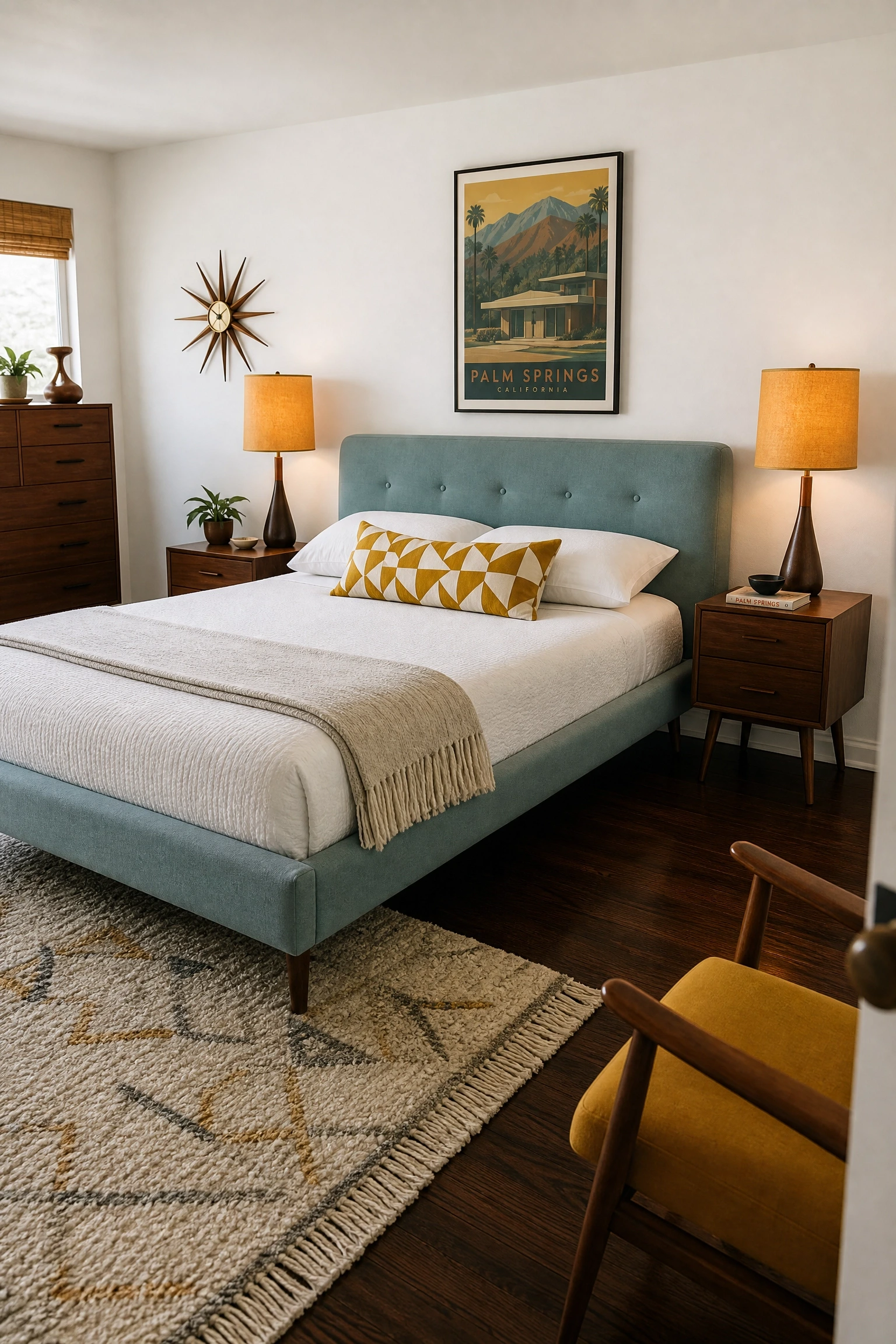 aqua in a mid-century modern bedroom