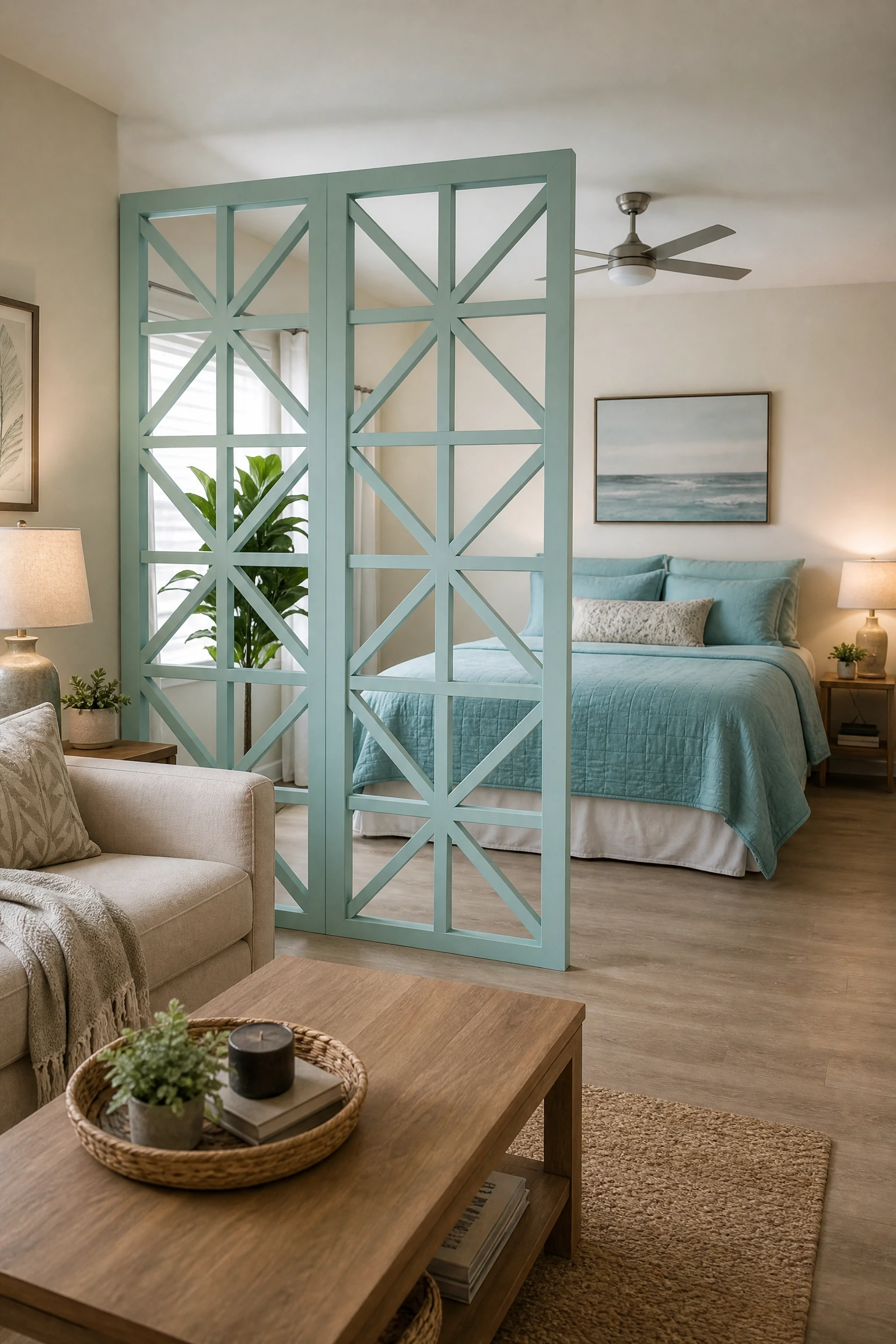 aqua in a studio bedroom that doubles as a living space