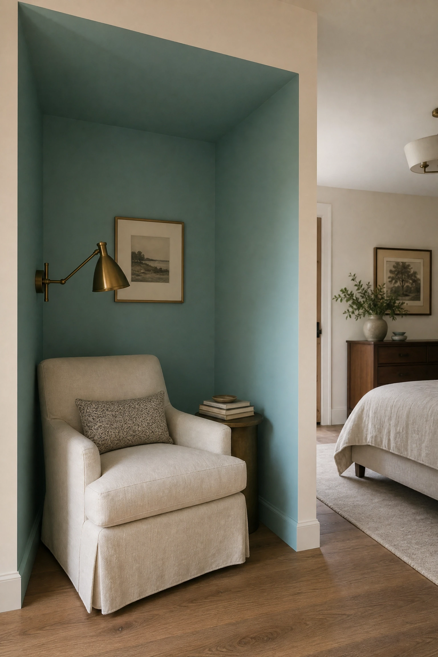 aqua in an alcove or reading nook within the bedroom