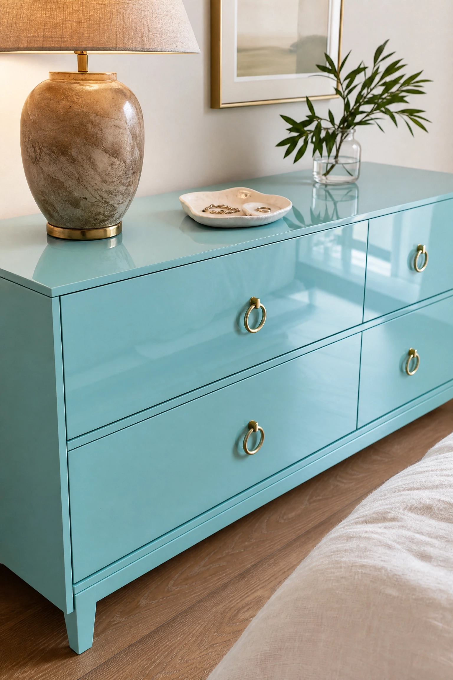 aqua lacquered furniture as the room's hero piece in a bedroom
