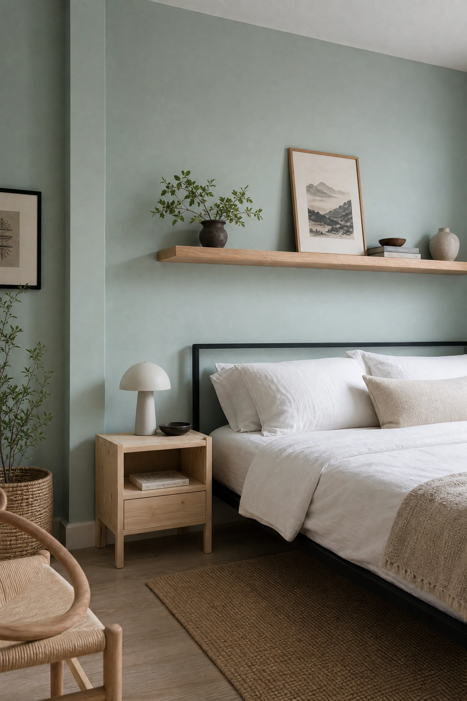 aqua paint with raw wood accents in a bedroom