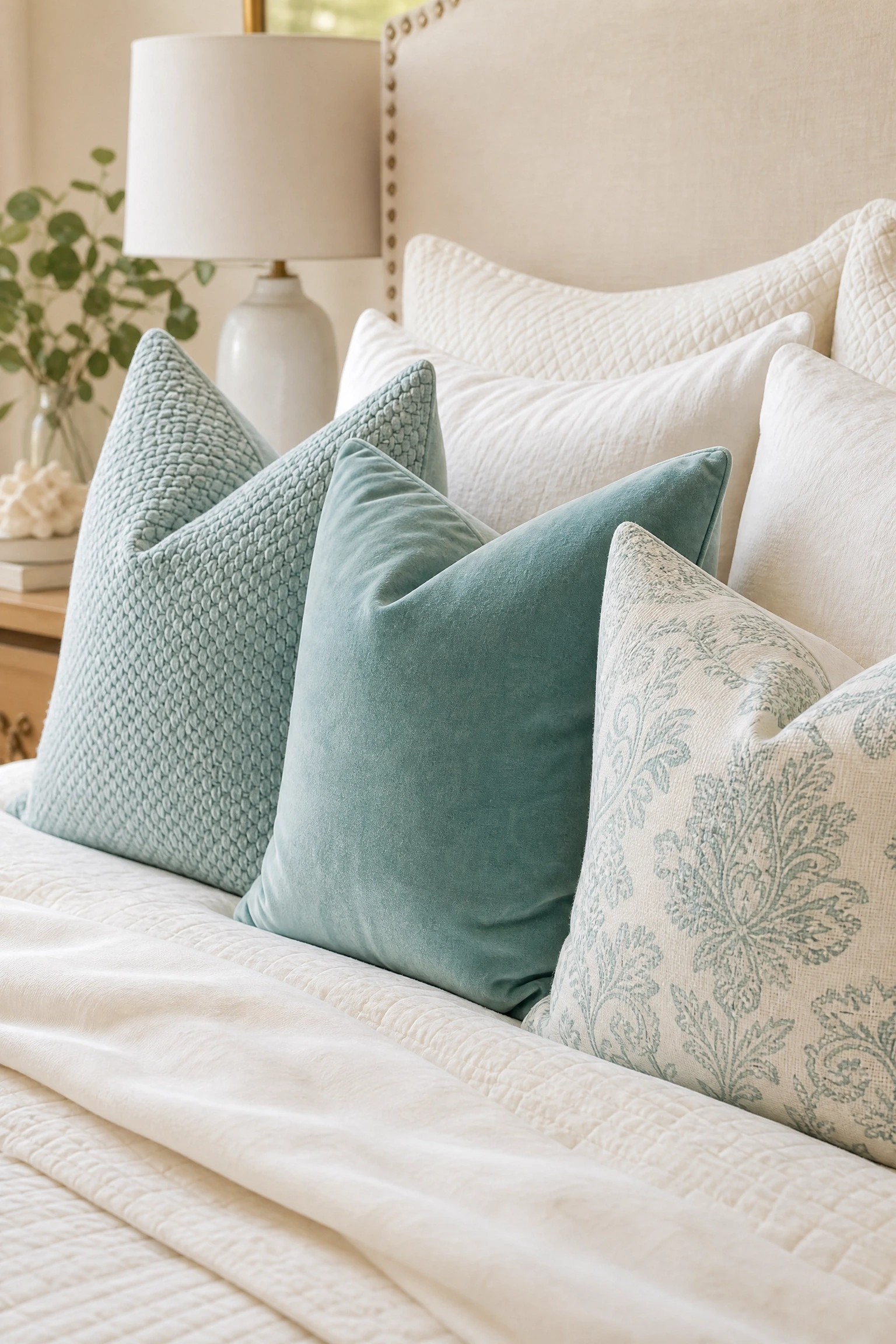 aqua throw pillows in a layered pile in a bedroom