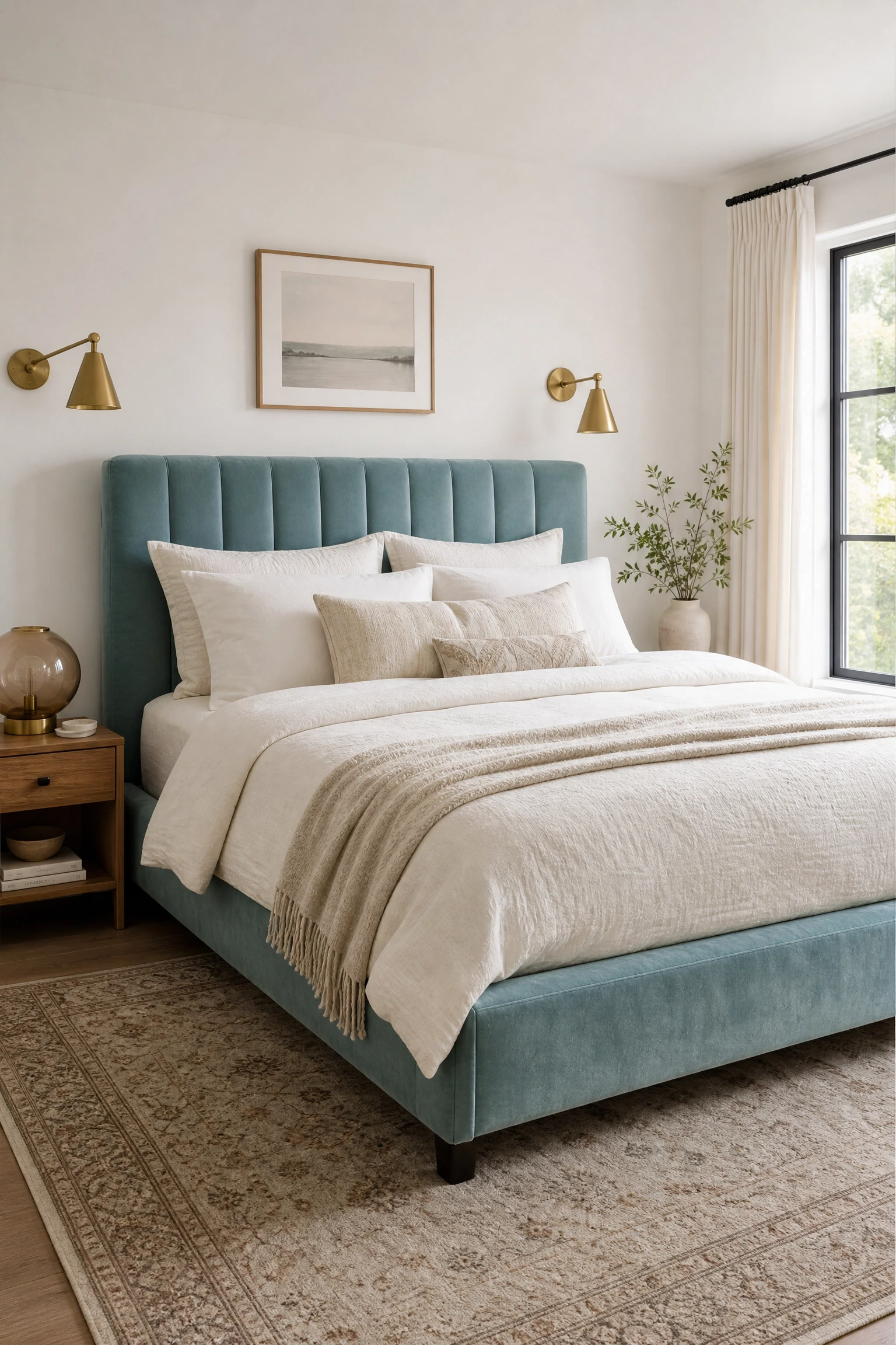aqua upholstered bed frame in a bedroom