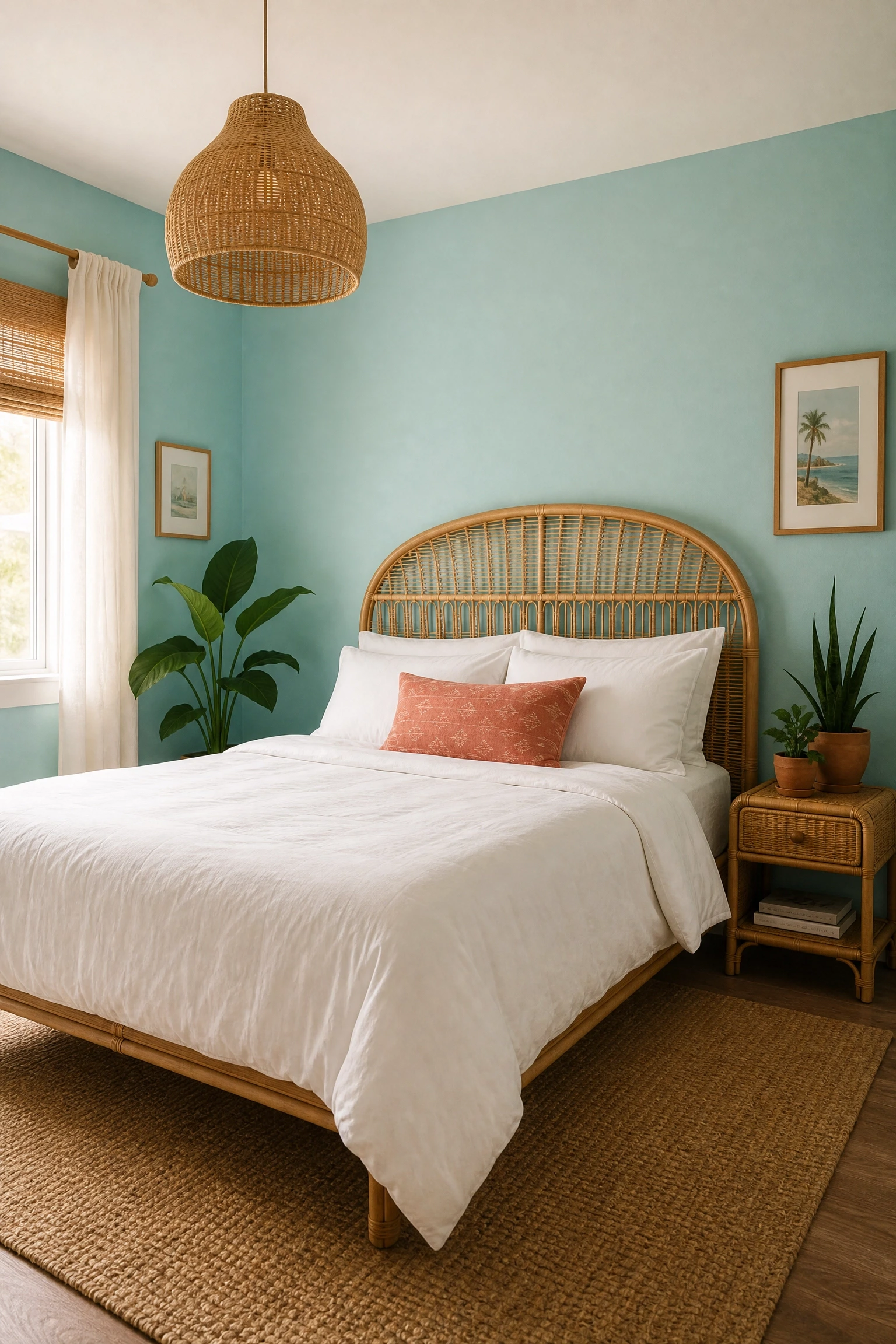 aqua walls with rattan and woven textures in a bedroom