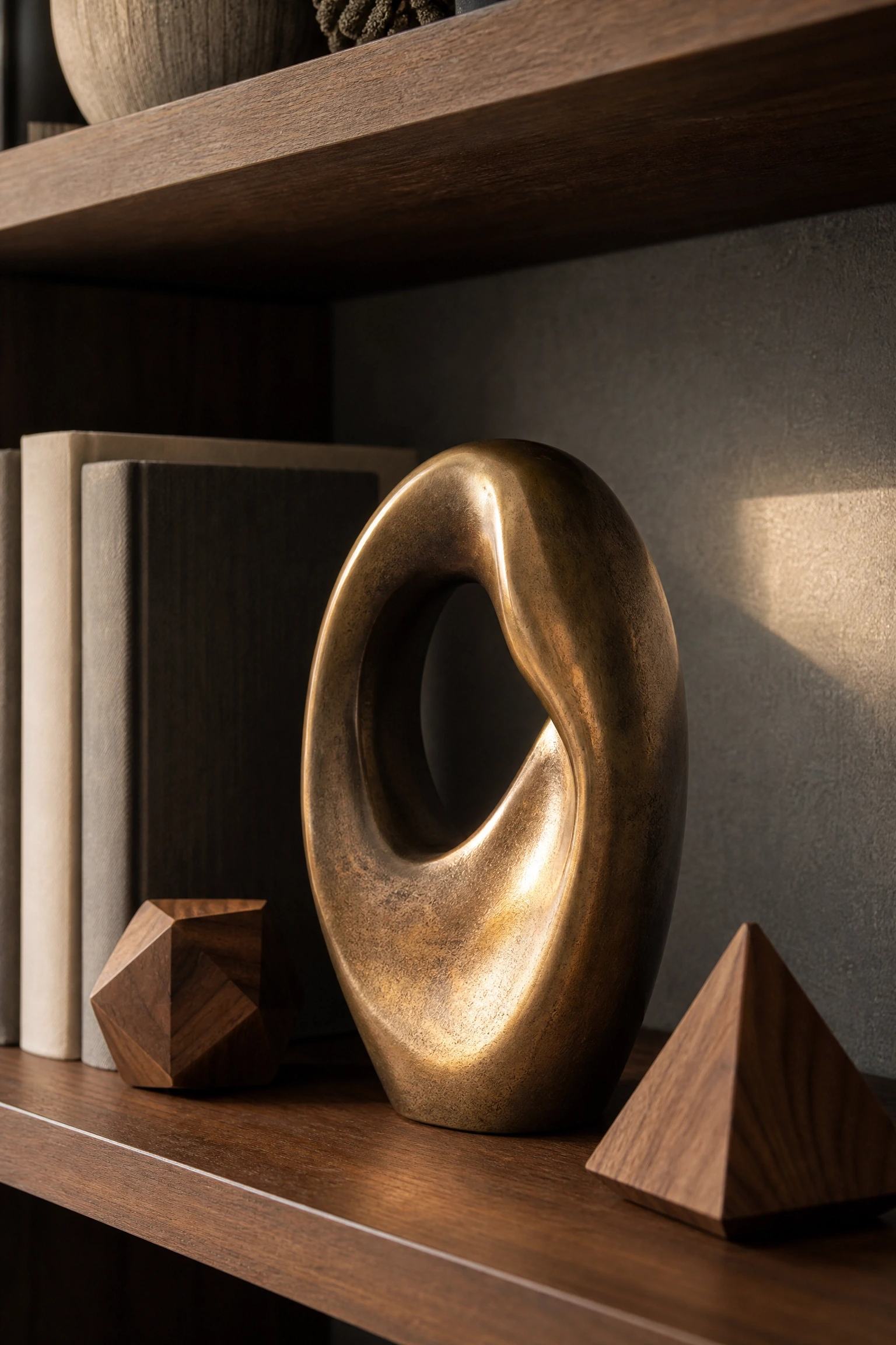 add bronze or walnut sculptural decor as a statement piece in a living room