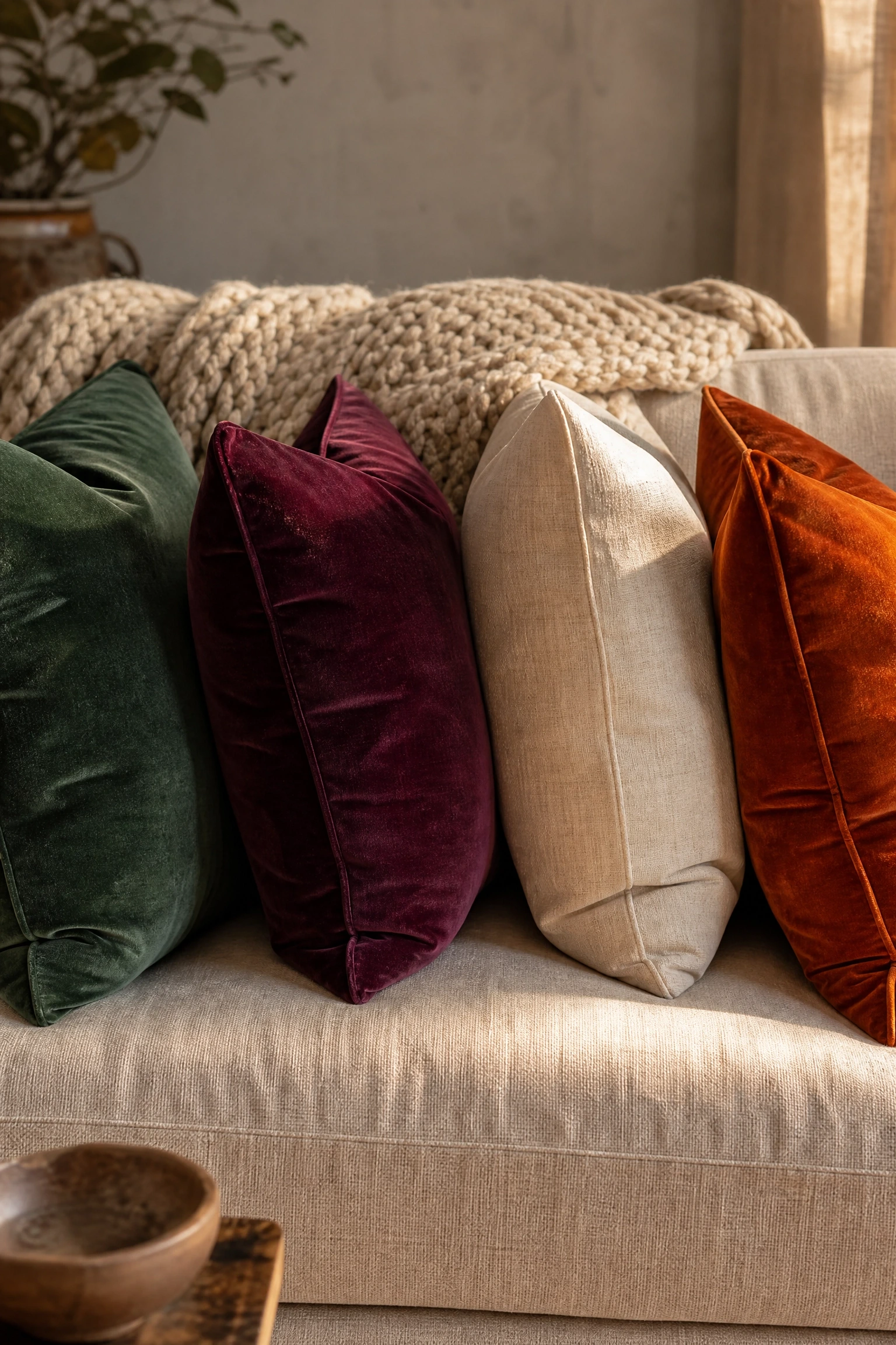 add velvet cushion covers for an instant seasonal shift in a living room