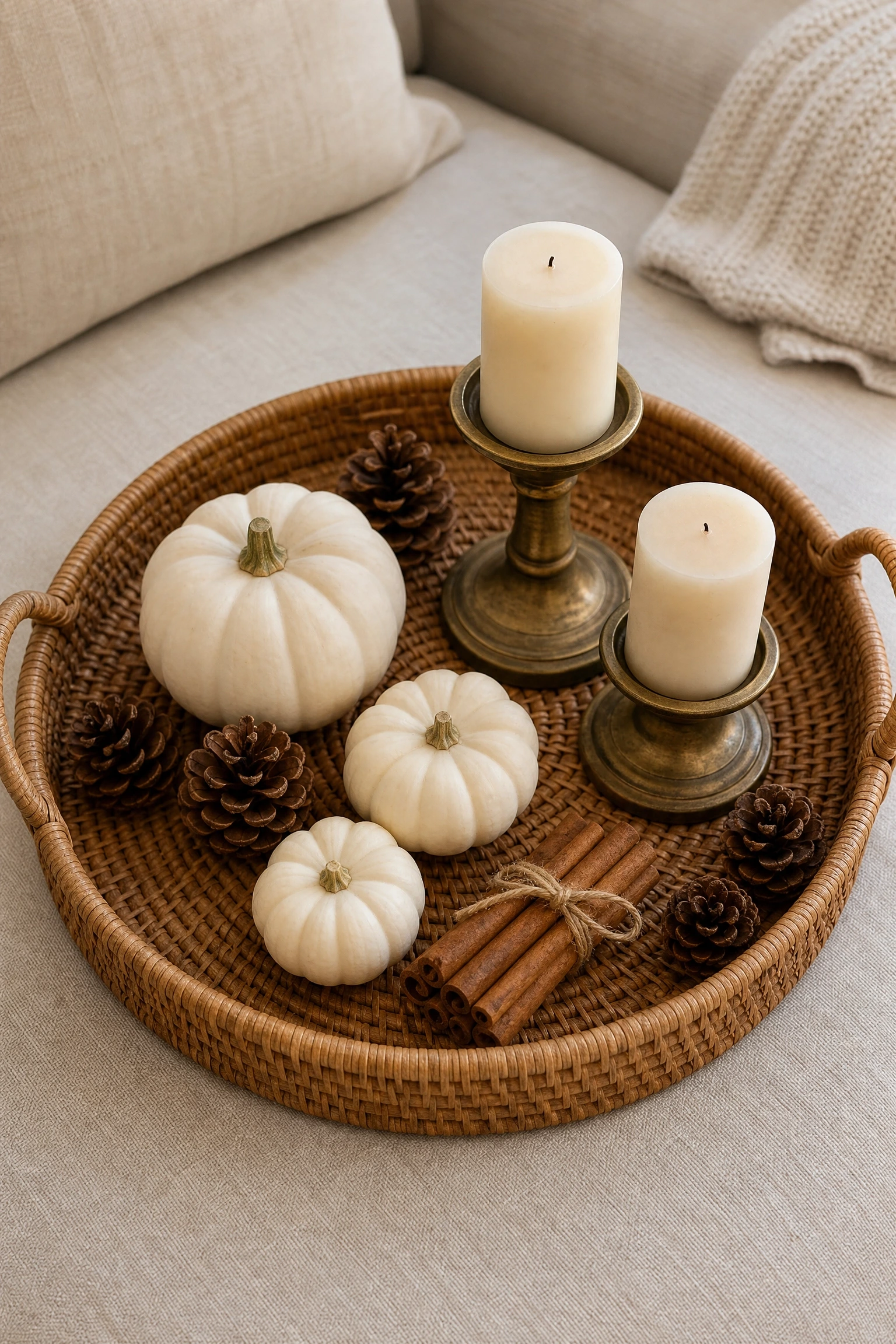 bring in woven rattan and natural basket accents in a living room