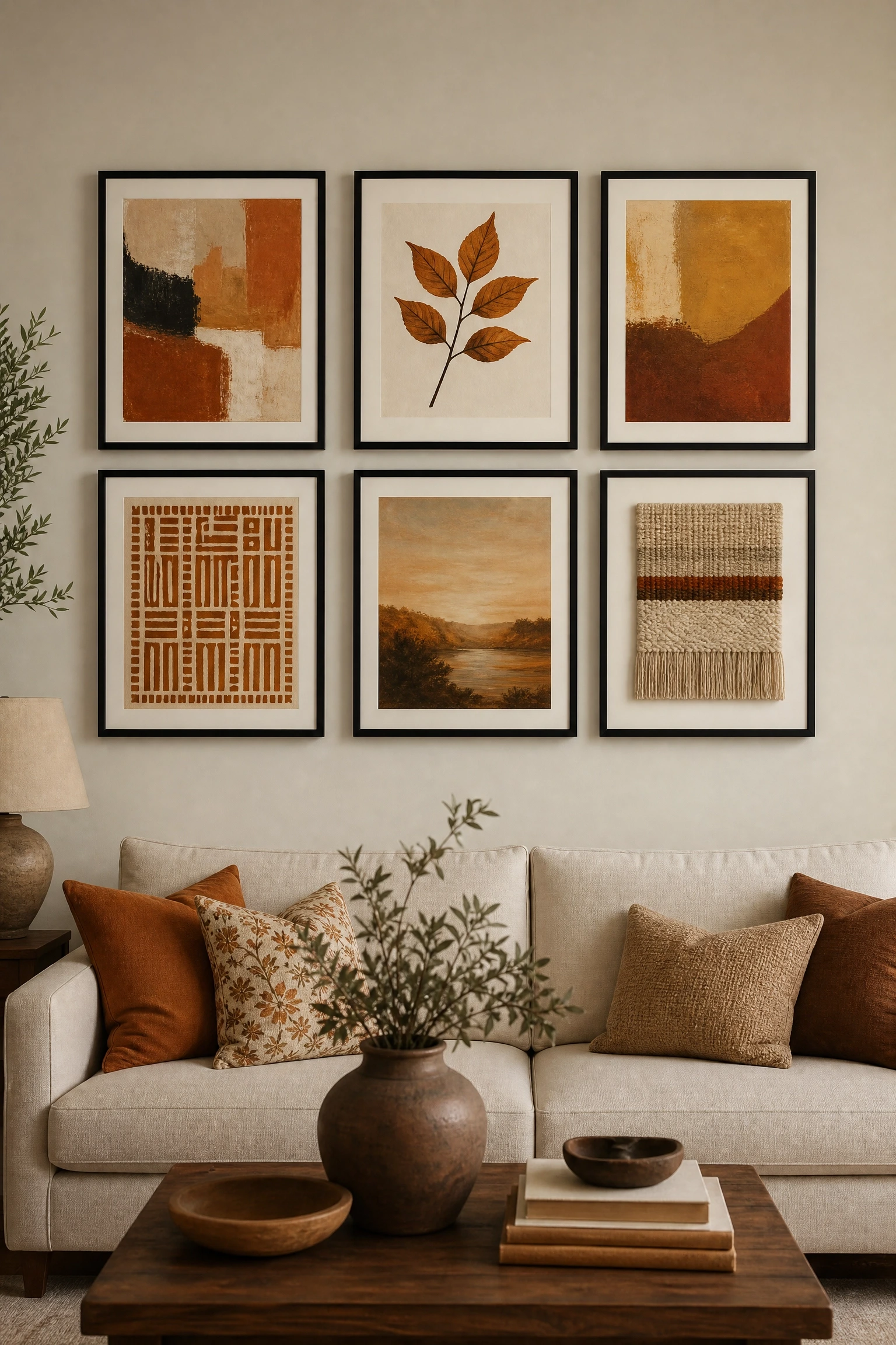 build a gallery wall with autumn-toned art in a living room