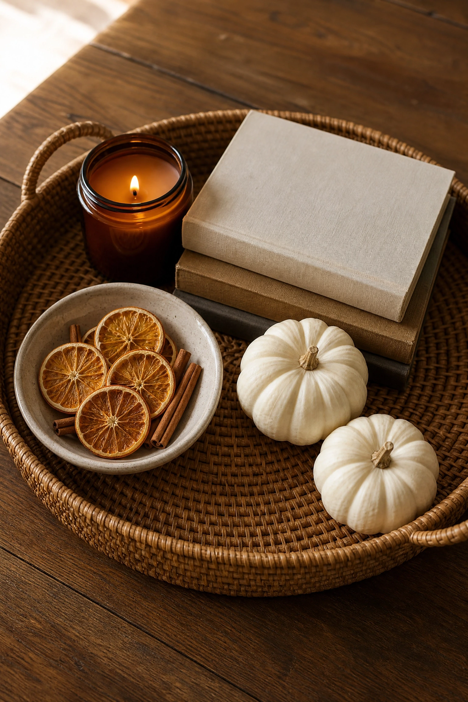 create a coffee table vignette using natural elements in a living room