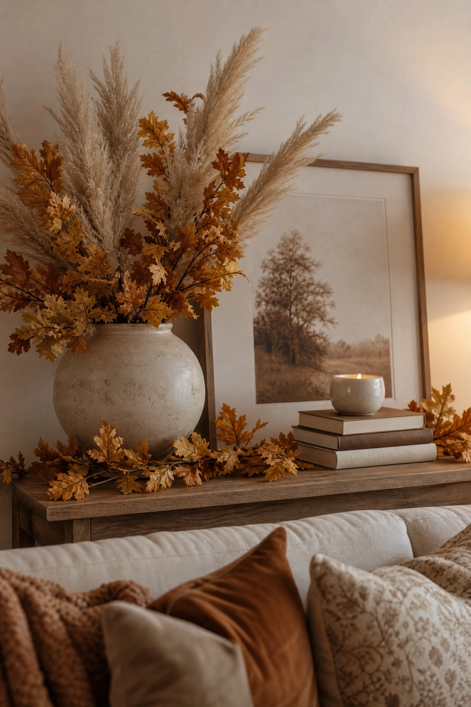 dress up a console or sideboard for the season in a living room