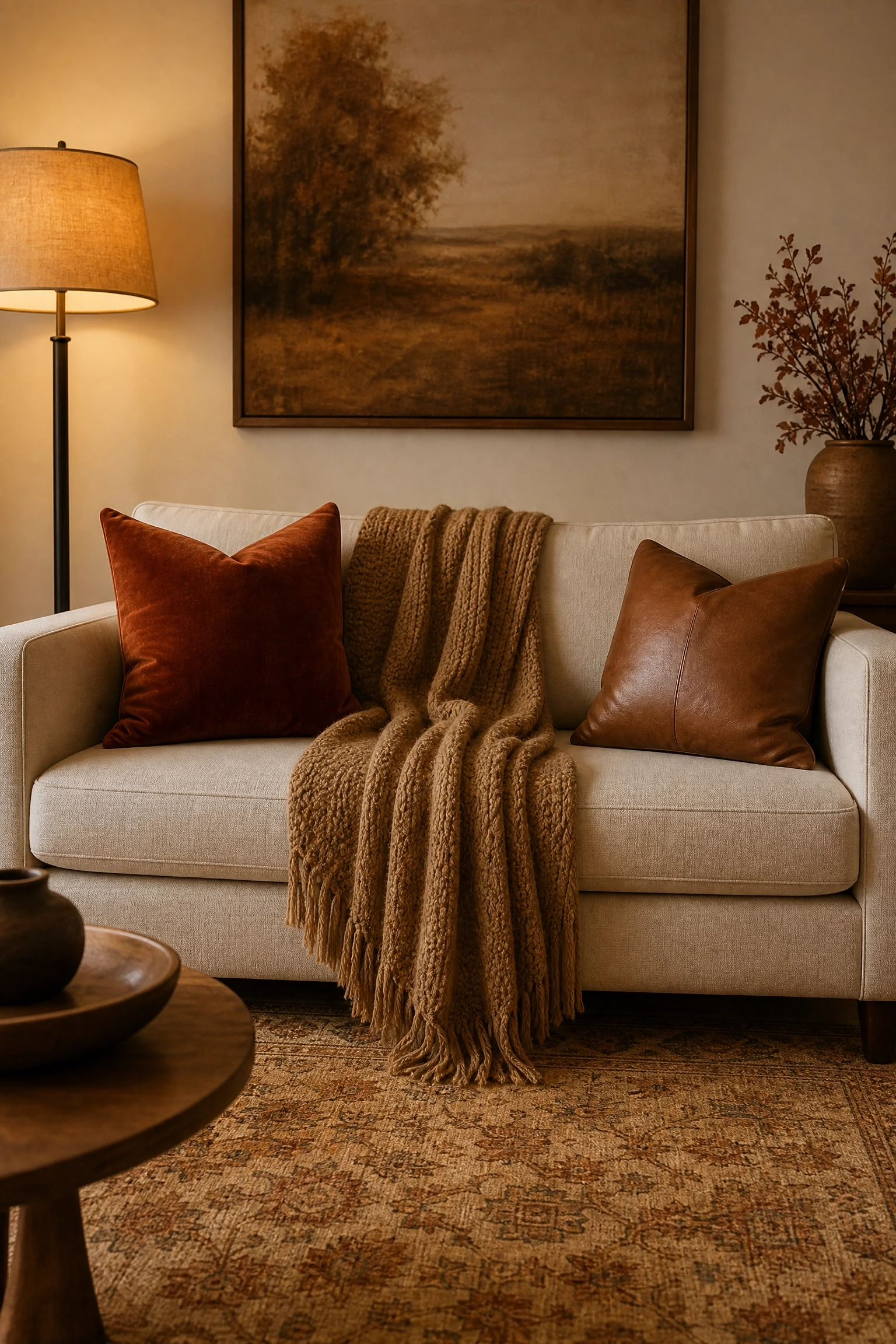 go tonal with shades of rust and warm brown in a living room