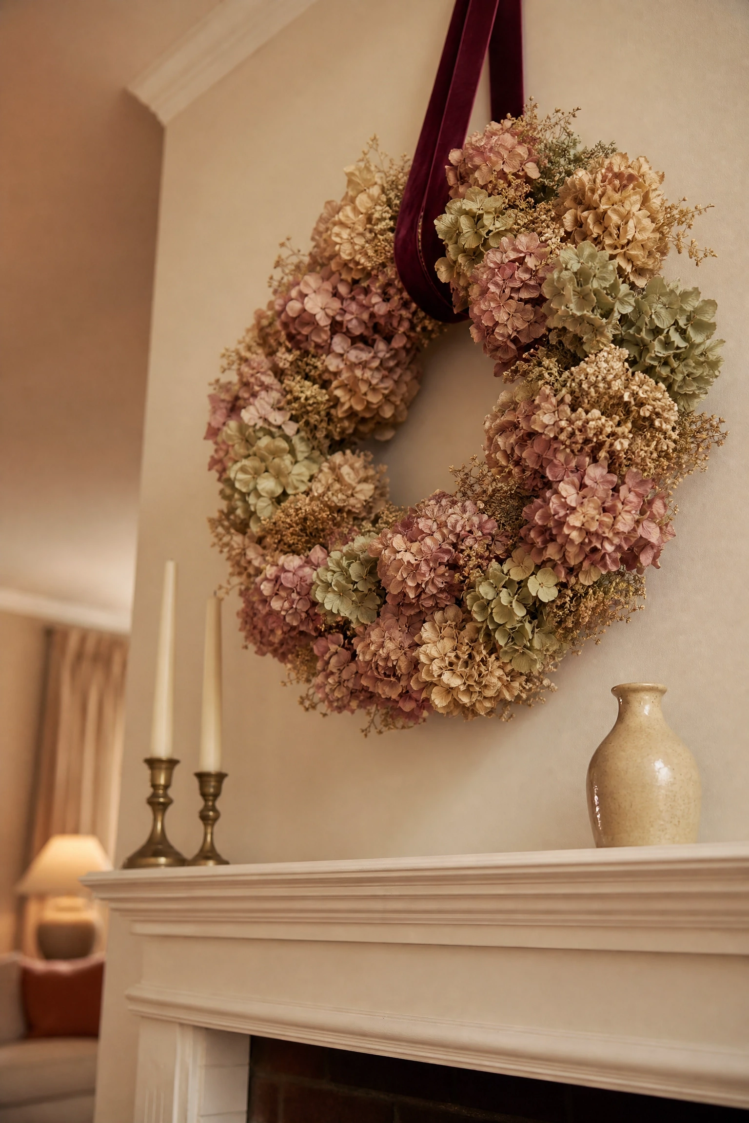hang a fall-inspired wreath somewhere unexpected in a living room