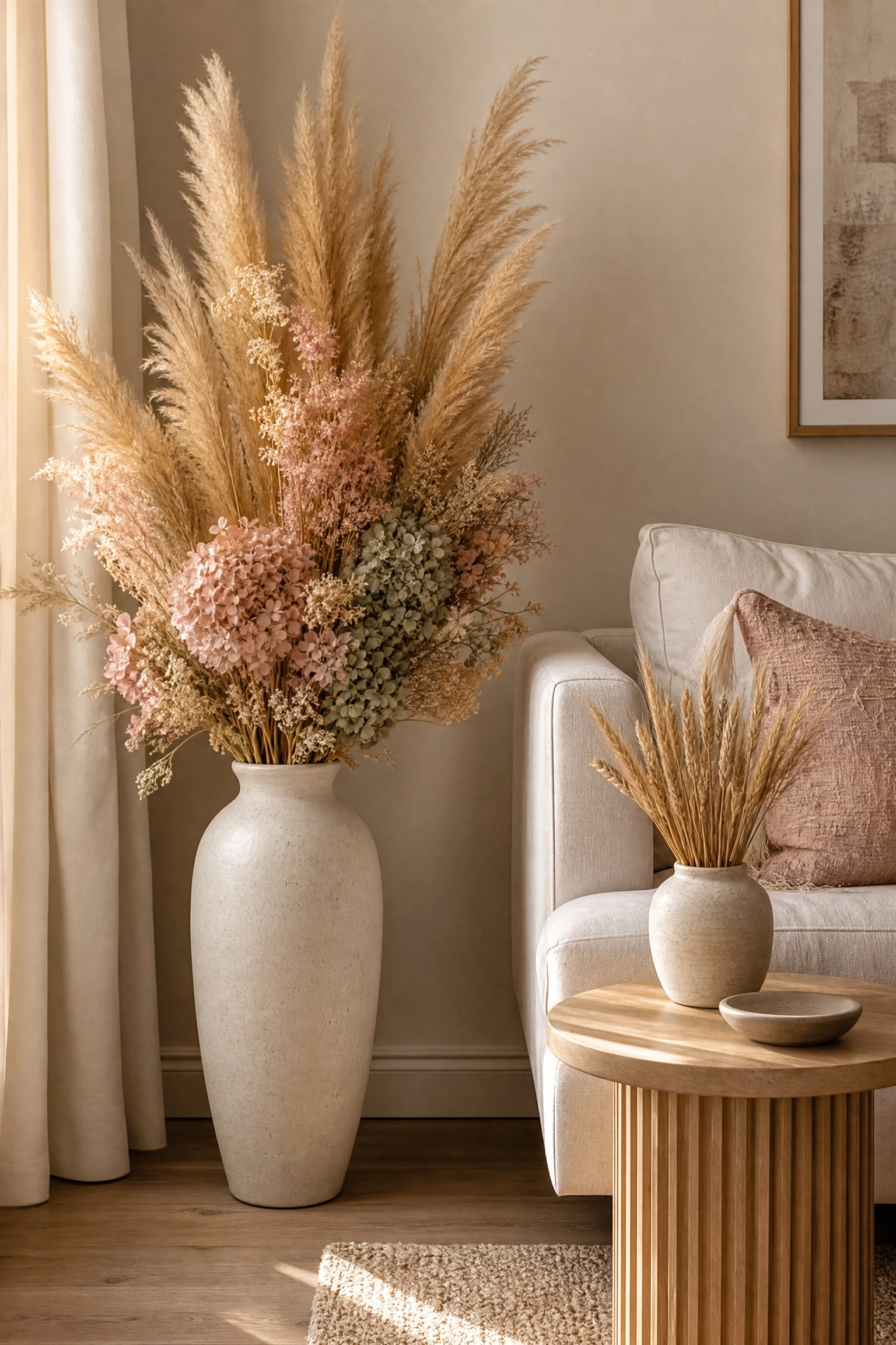 introduce dried botanicals as a low-maintenance natural element in a living room