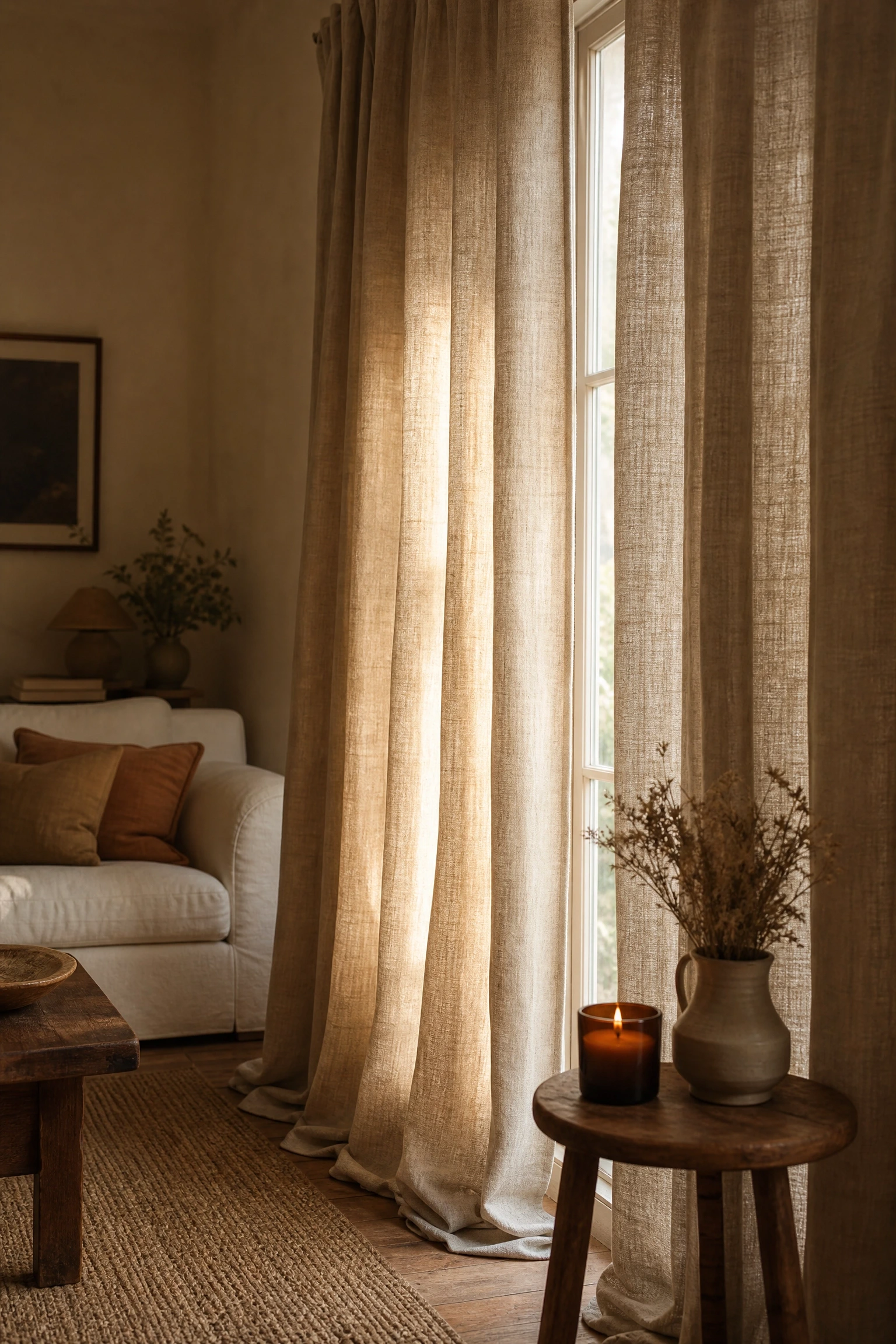 introduce linen drapes in heavier autumn weights in a living room