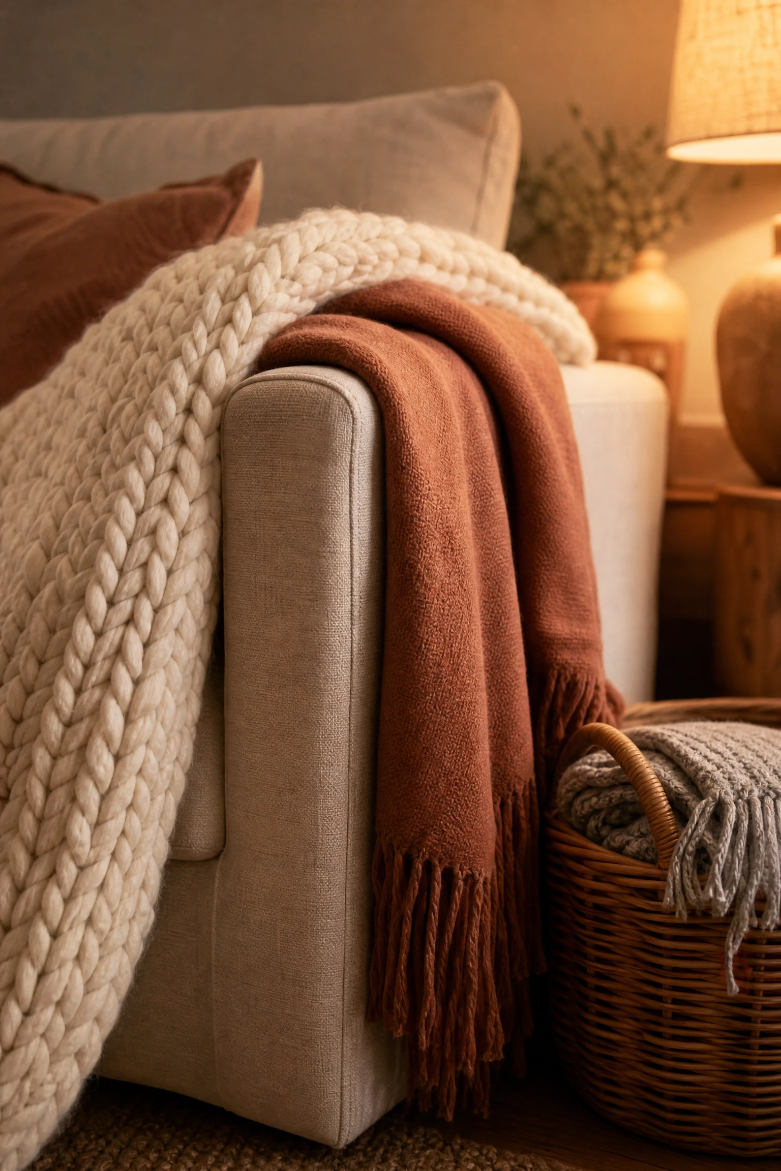 layer throws and blankets with intention in a living room
