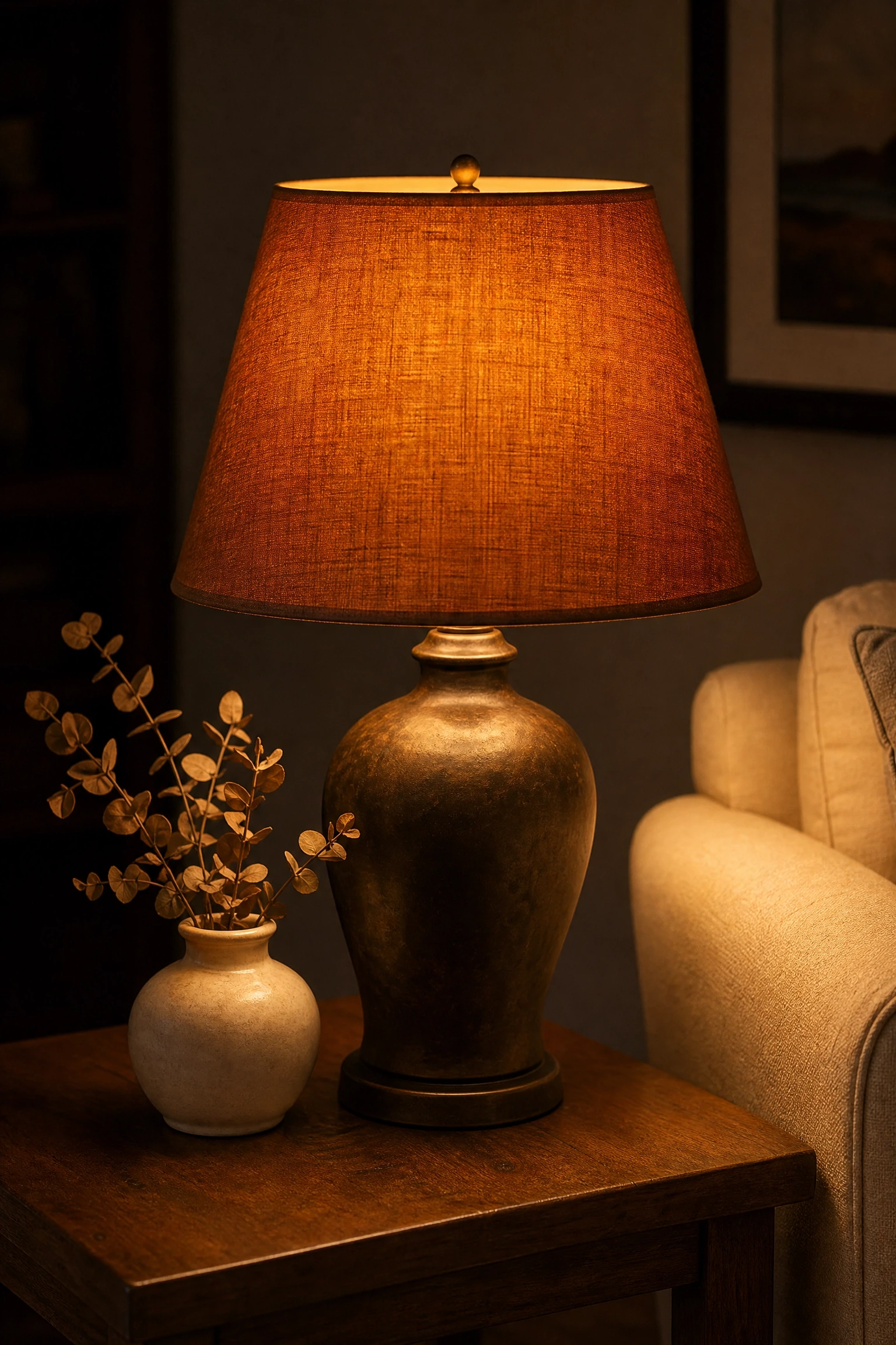 swap to warm-toned lampshades for the season in a living room