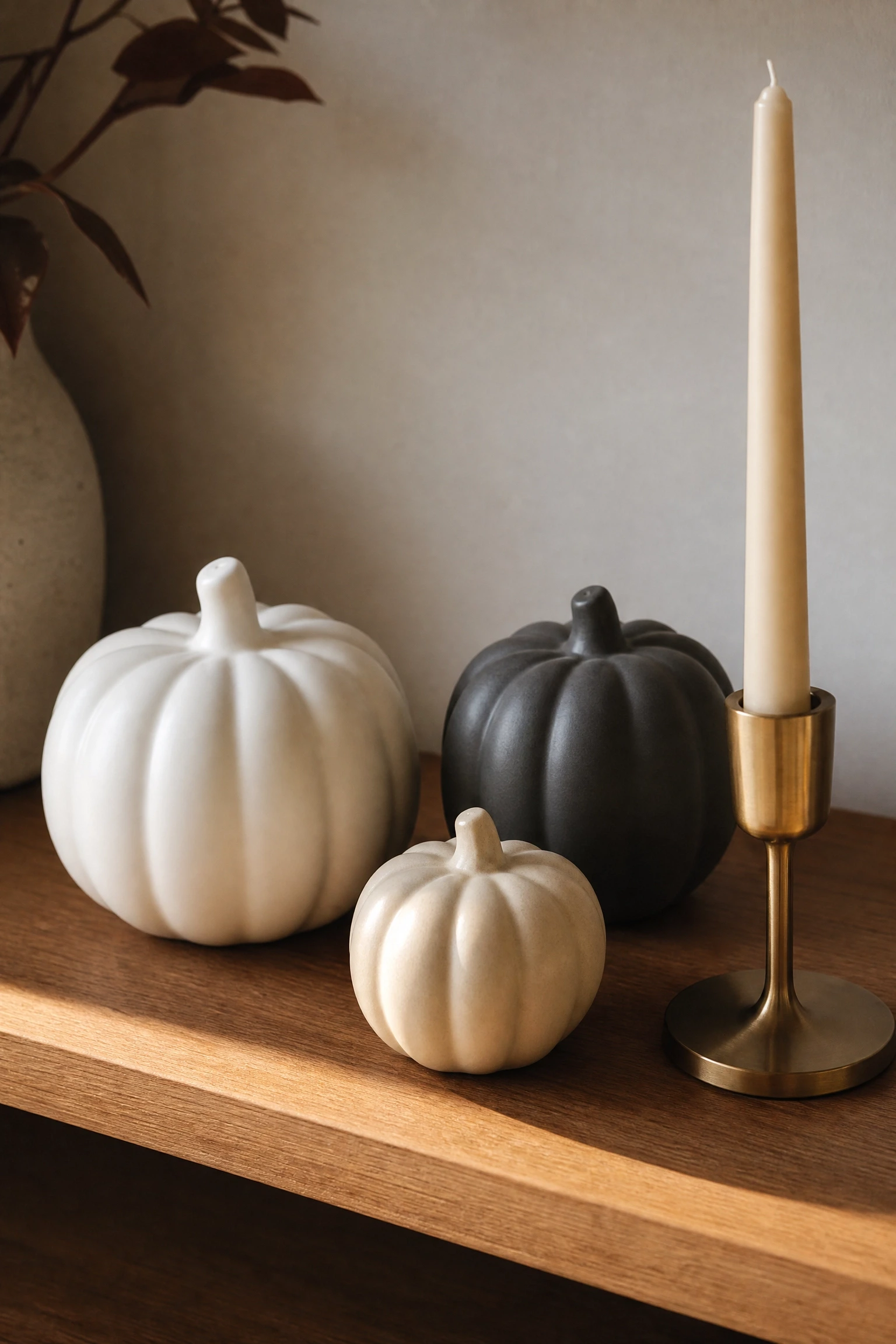 try minimalist pumpkin arrangements in unexpected materials in a living room