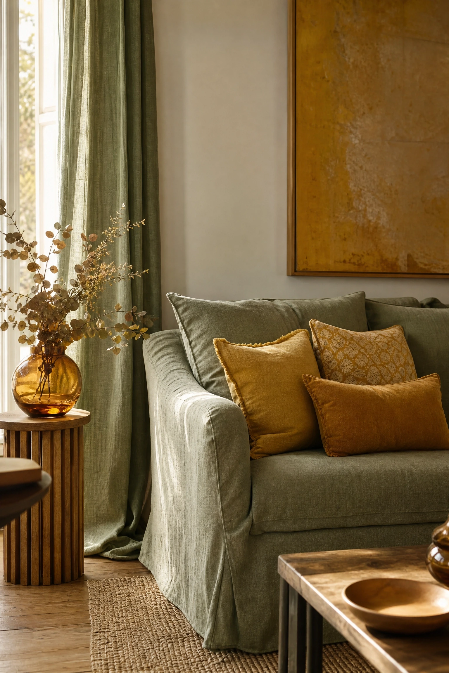 try muted sage green as your autumn neutral in a living room