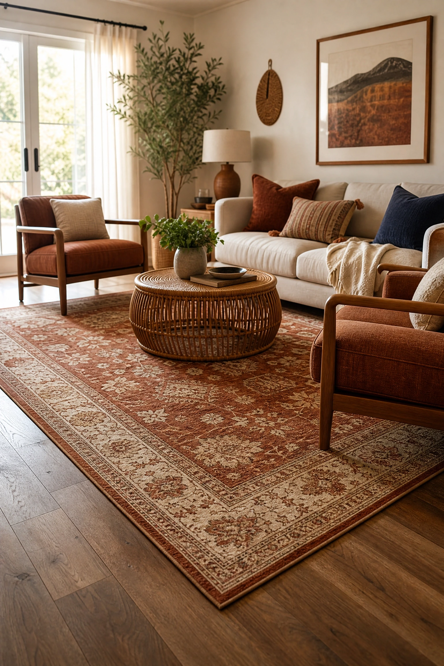 use a warm-toned area rug to ground the room in a living room