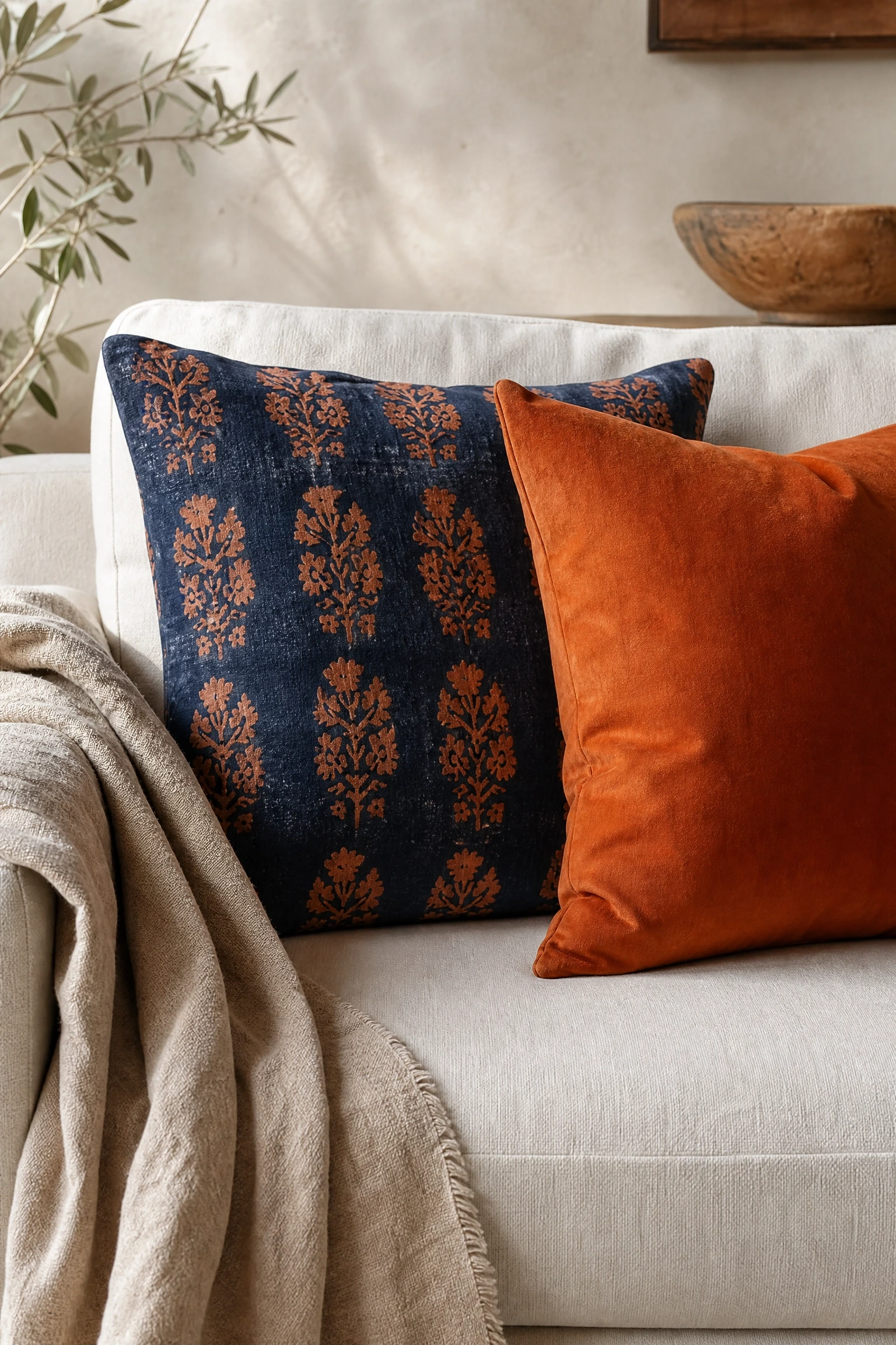 use block print textiles for pattern and personality in a living room