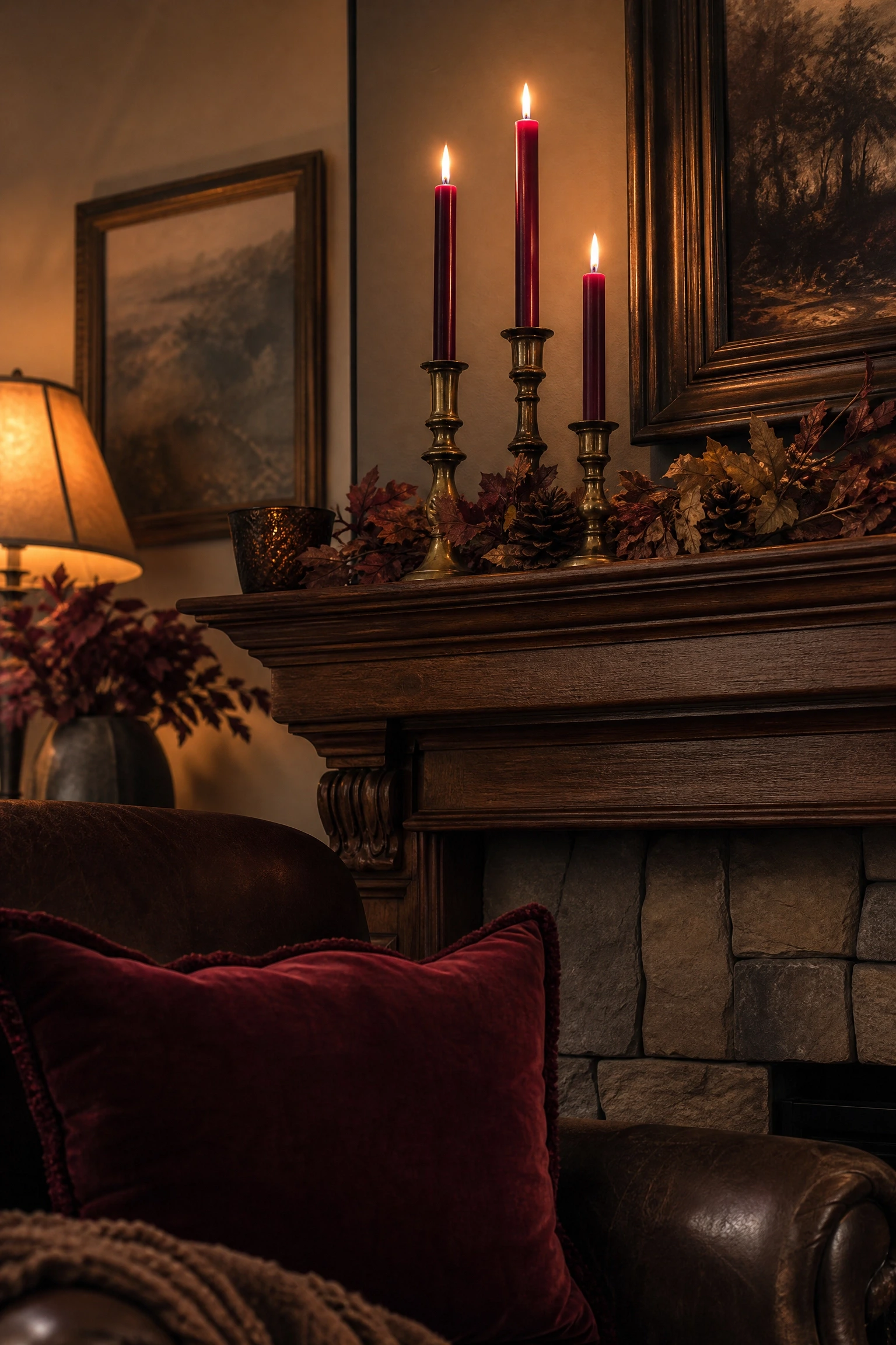 use deep burgundy as a moody accent color in a living room