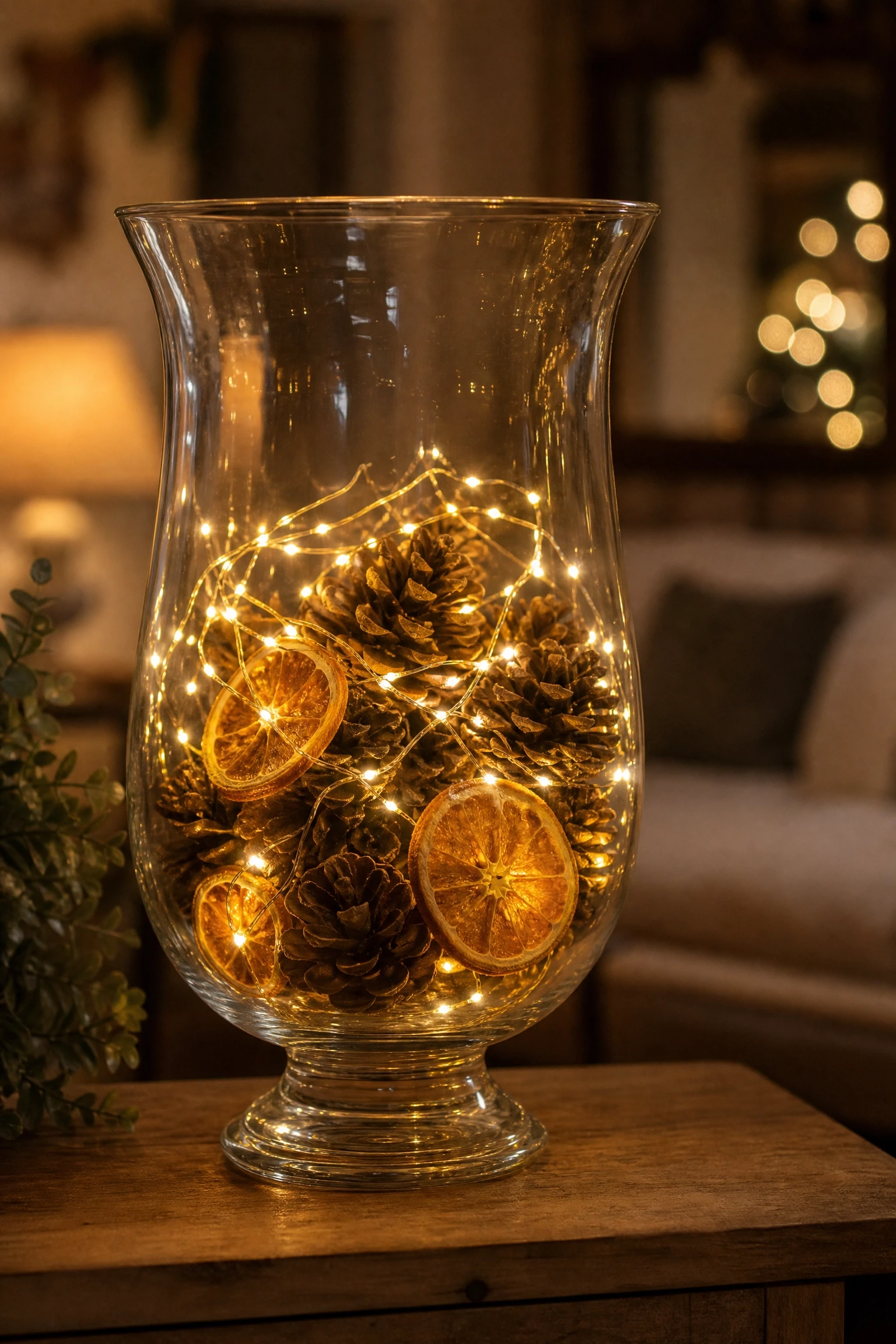 use string lights as a warm autumn accent in a living room