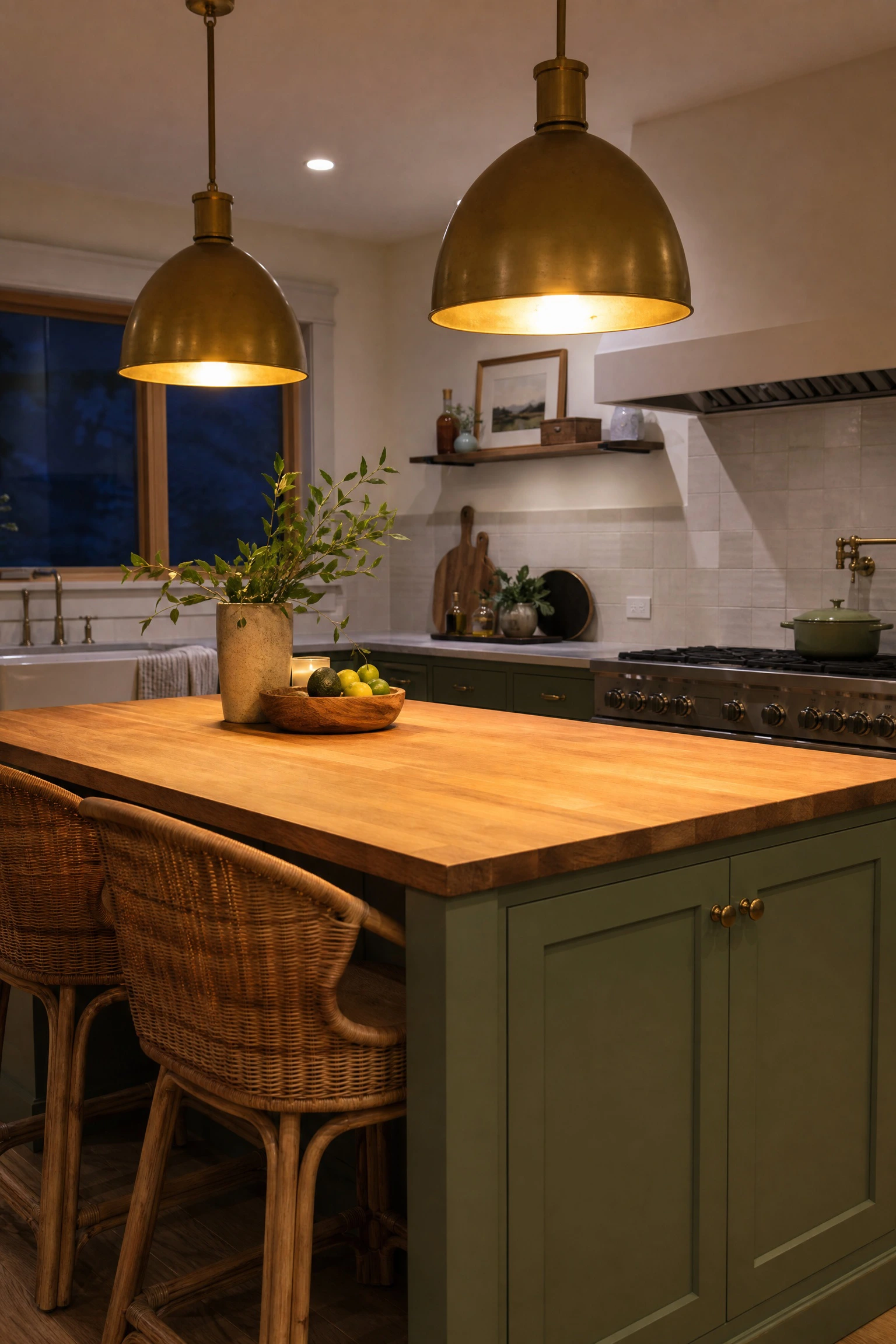 add warmth with pendant lights in warm brass or aged metal in a kitchen