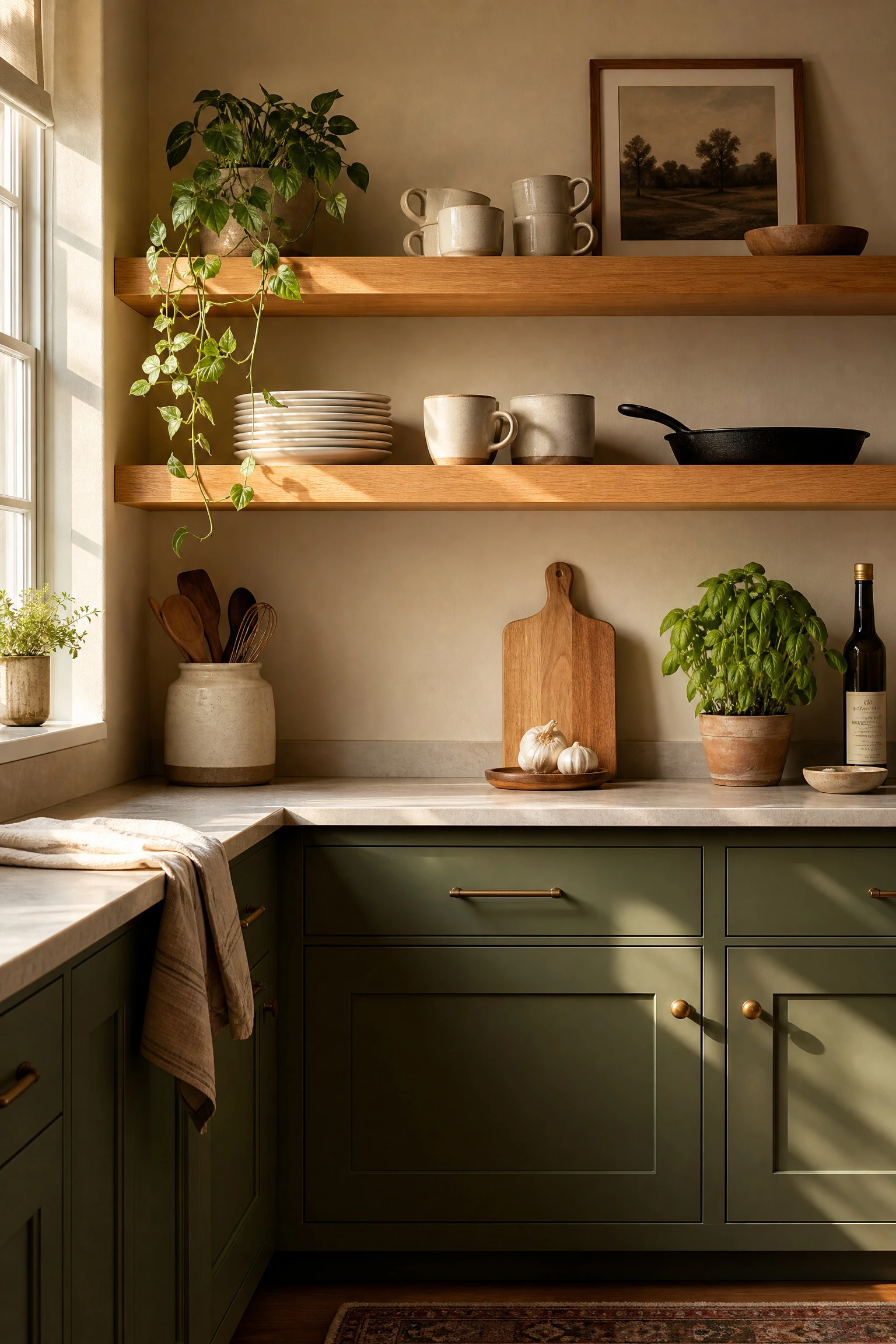 bring in warm timber open shelving in a kitchen