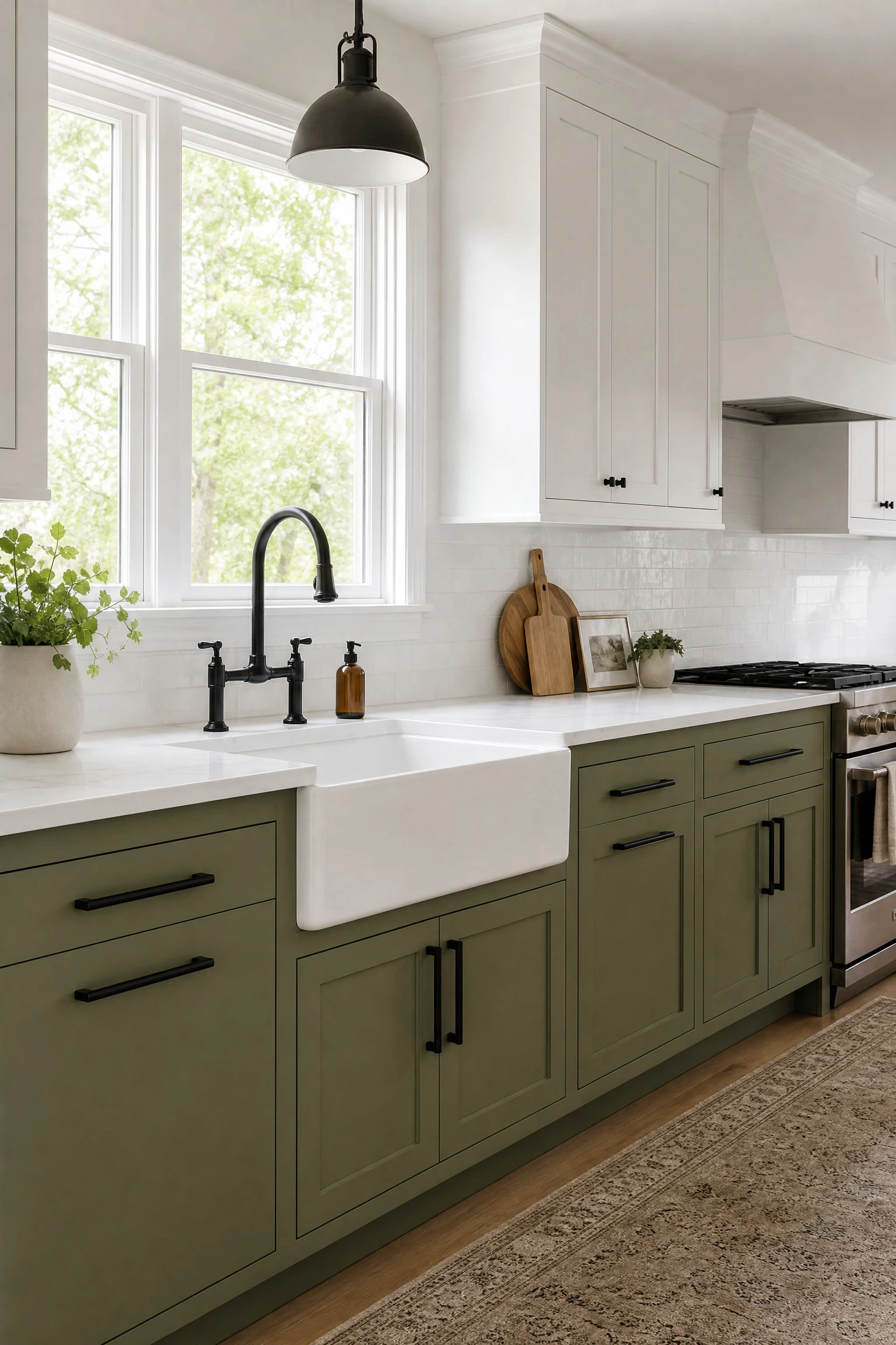 combine avocado green with matte black details in a kitchen