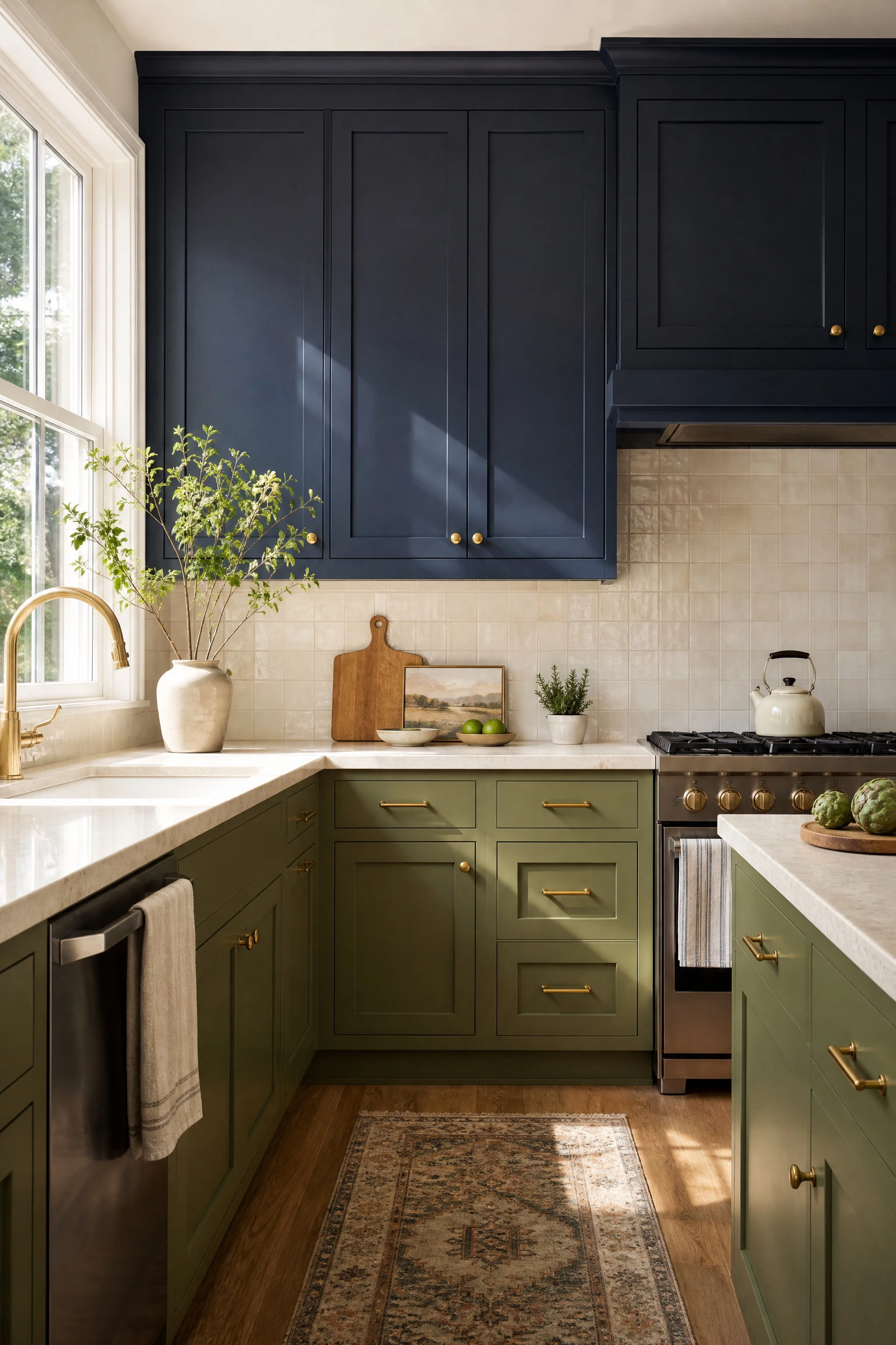 go two-tone with avocado lower and navy upper cabinets in a kitchen